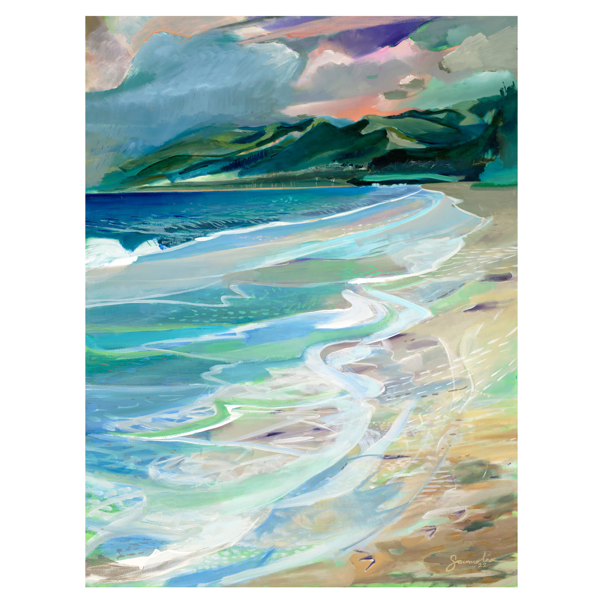 A canvas giclée art print featuring a beautiful abstract landscape with crashing waves and distant mountains by popular Hawaii artist Saumolia Puapuaga