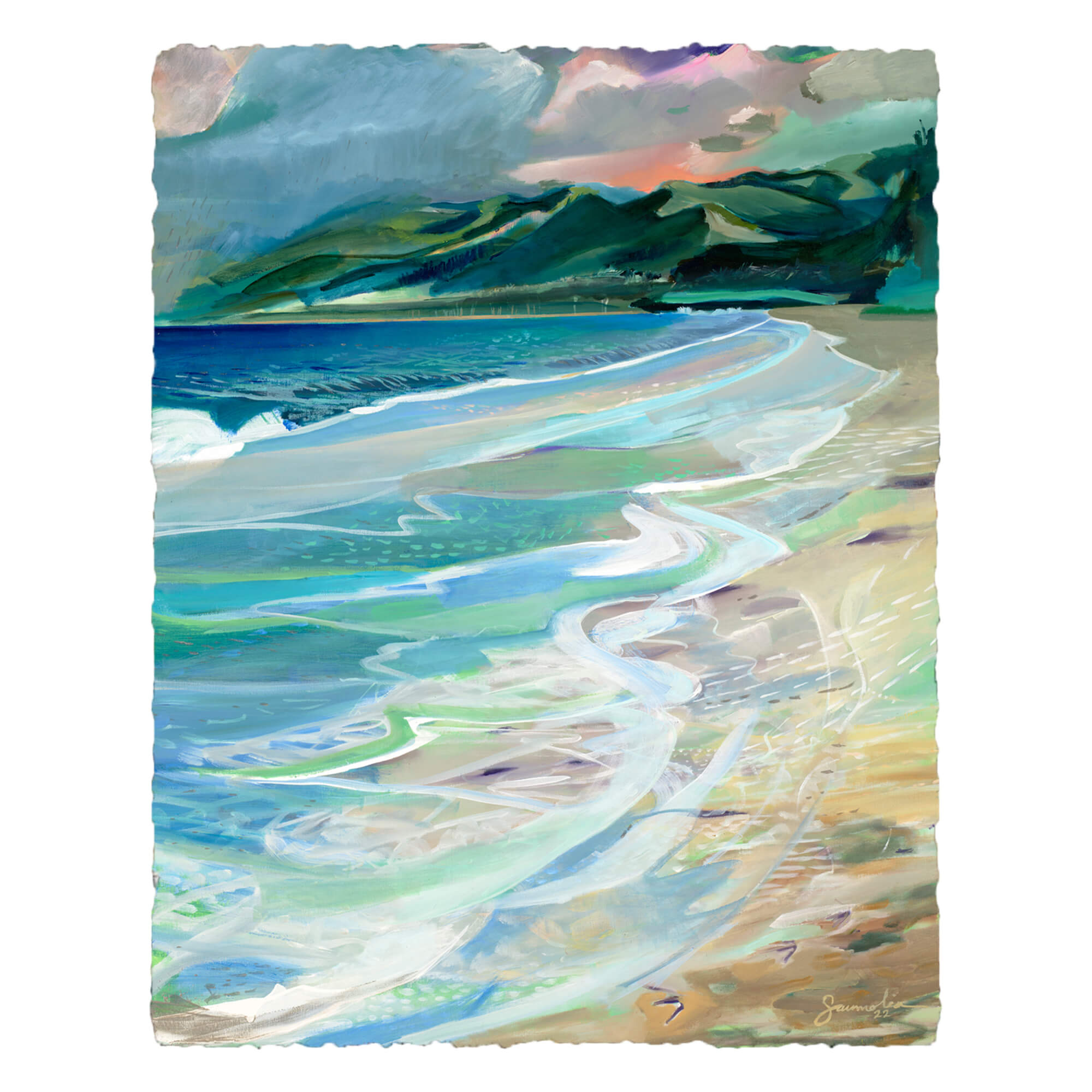 A watercolor paper giclée print featuring a beautiful abstract landscape with crashing waves and distant mountains by popular Hawaii artist Saumolia Puapuaga