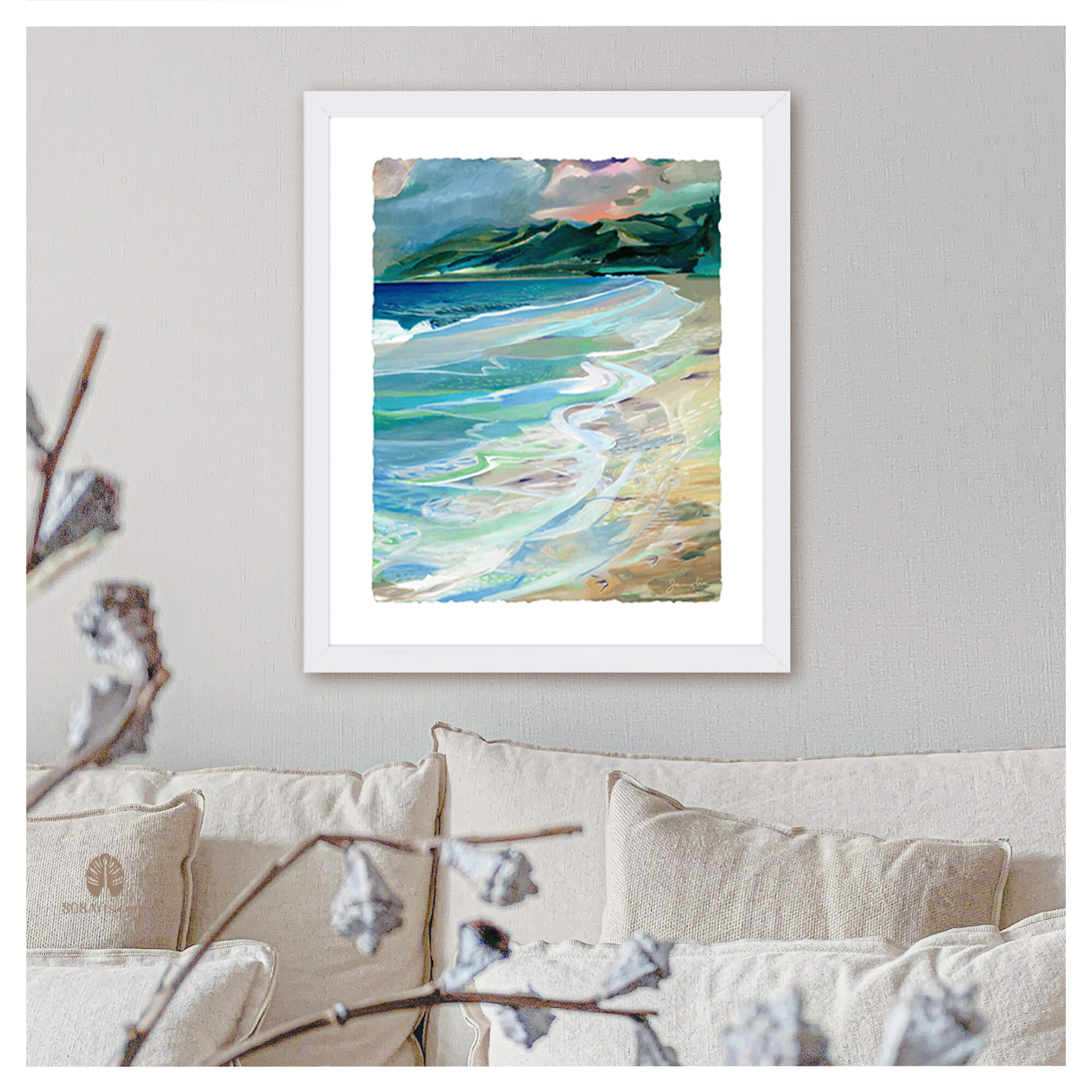 A framed watercolor paper giclée print featuring a beautiful abstract landscape with crashing waves and distant mountains by popular Hawaii artist Saumolia Puapuaga