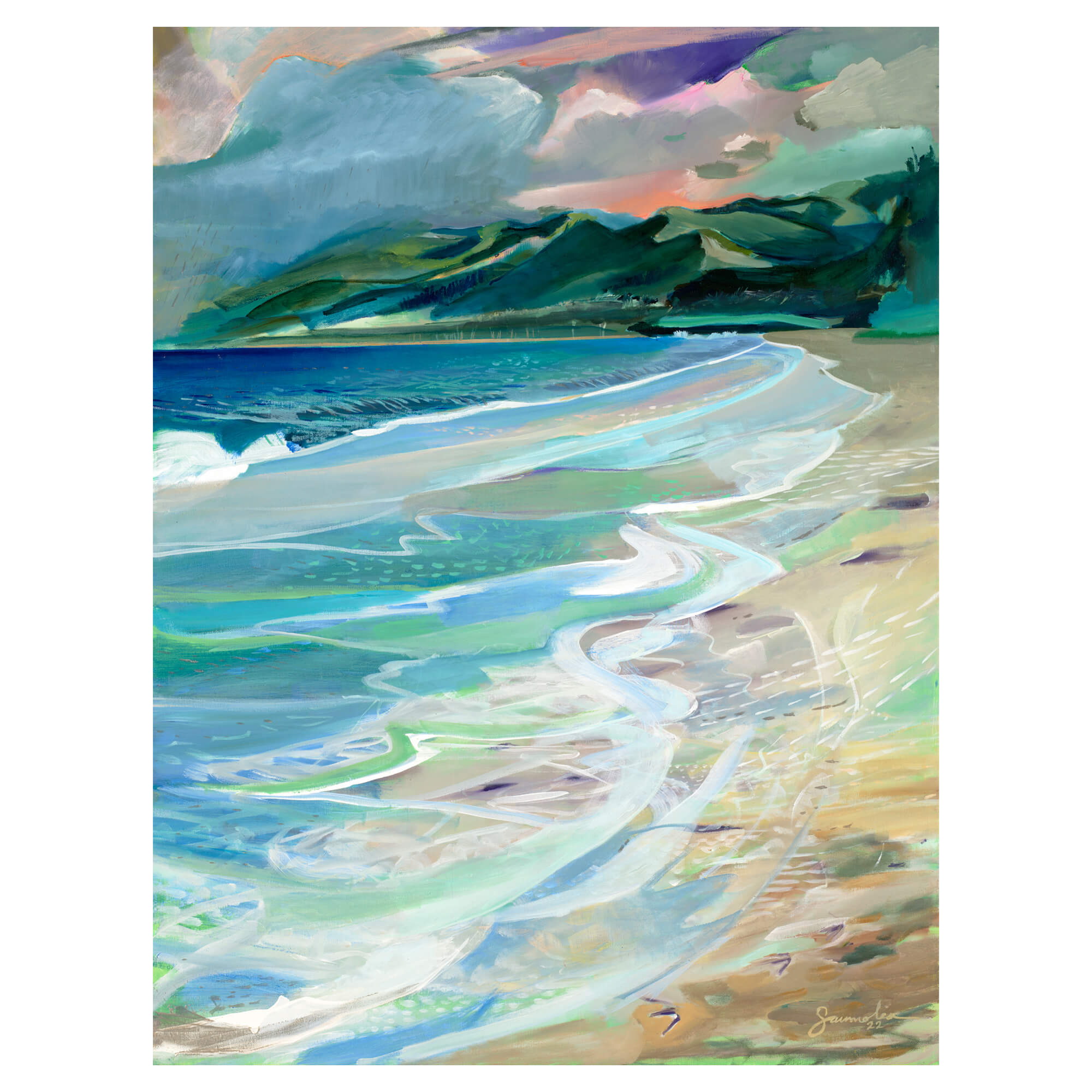 A watercolor paper giclée print featuring a beautiful abstract landscape with crashing waves and distant mountains by popular Hawaii artist Saumolia Puapuaga