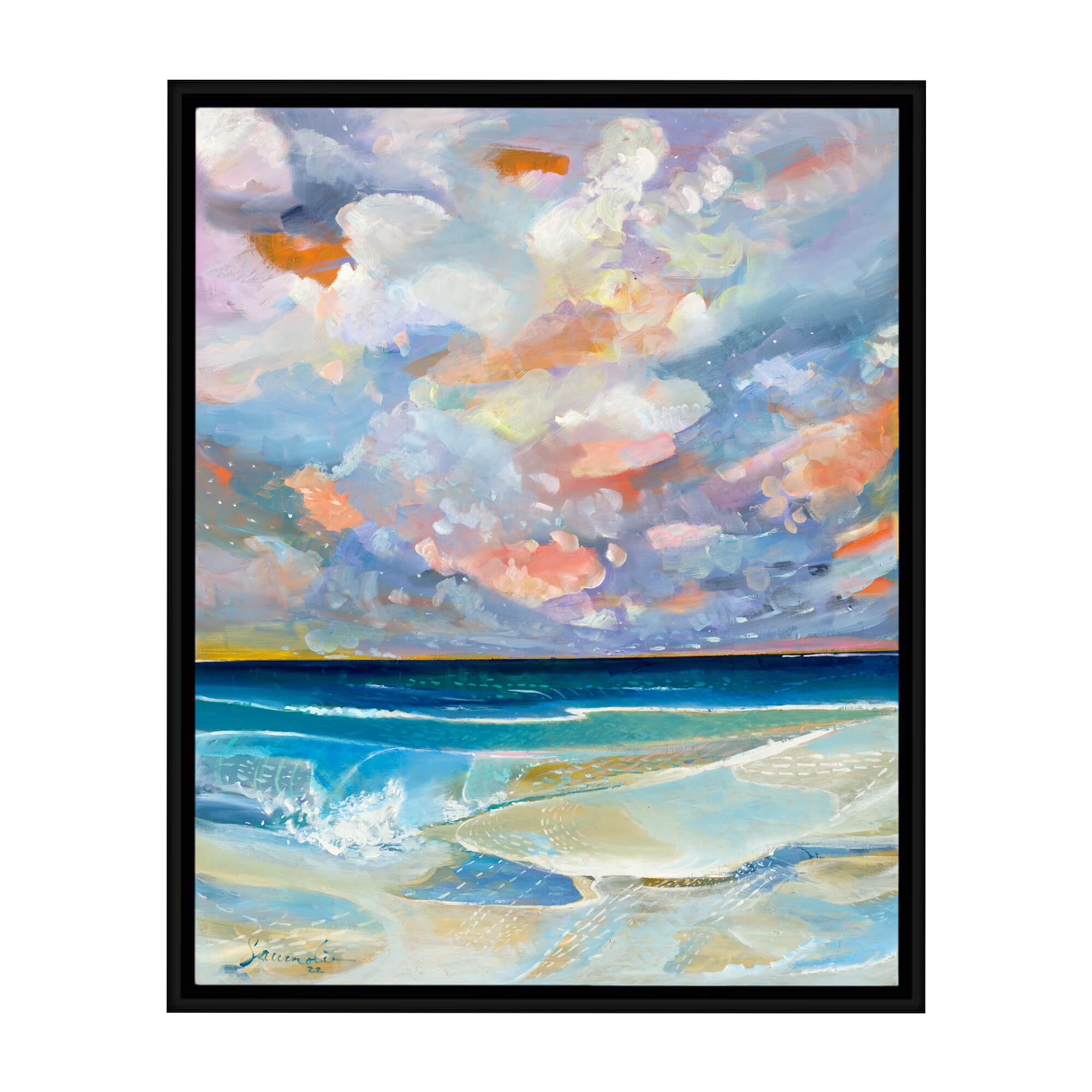 A framed canvas giclée art print featuring abstract teal and blue tinted waves crashing towards the shore by popular Hawaii artist Saumolia Puapuaga