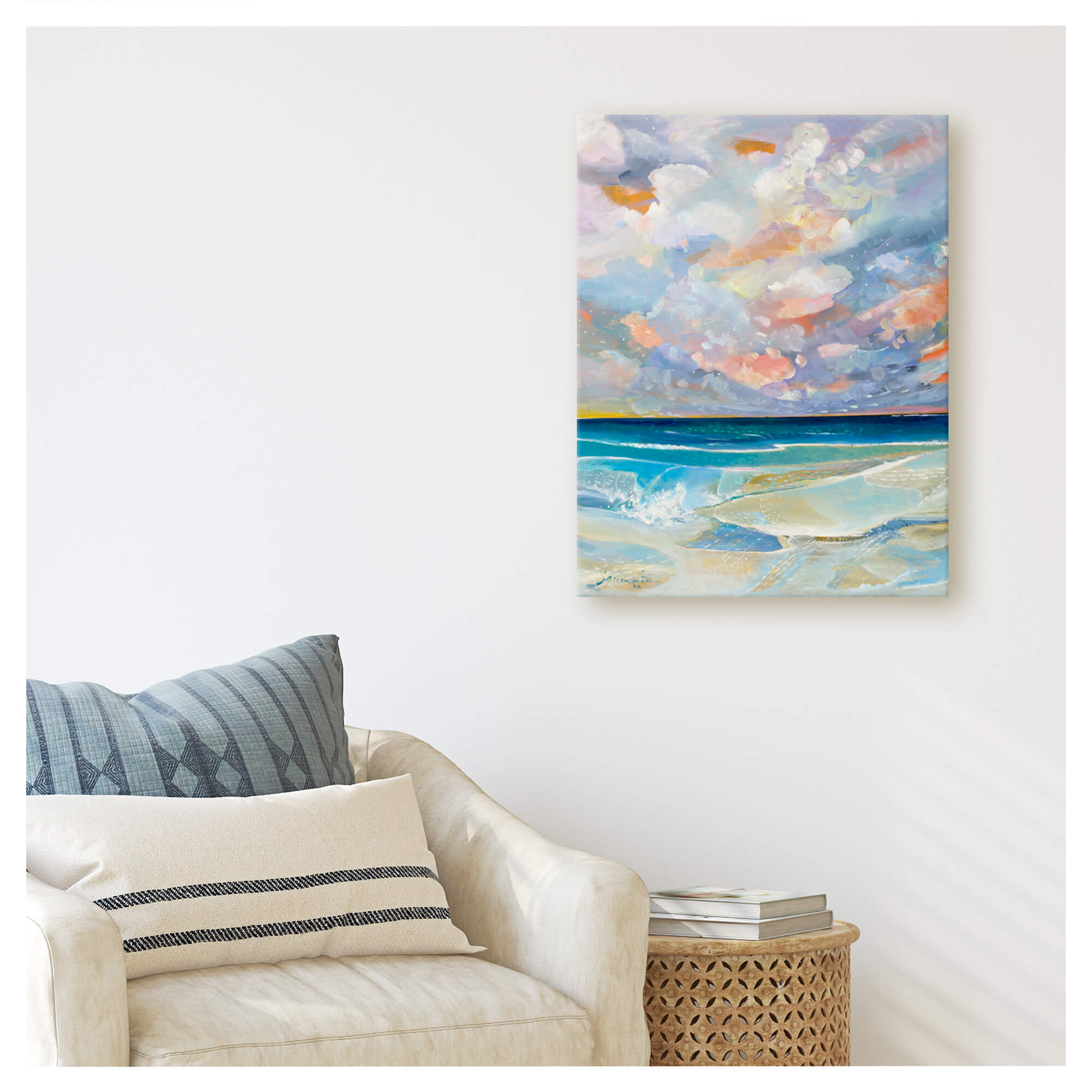A canvas giclée art print featuring abstract teal and blue tinted waves crashing towards the shore by popular Hawaii artist Saumolia Puapuaga