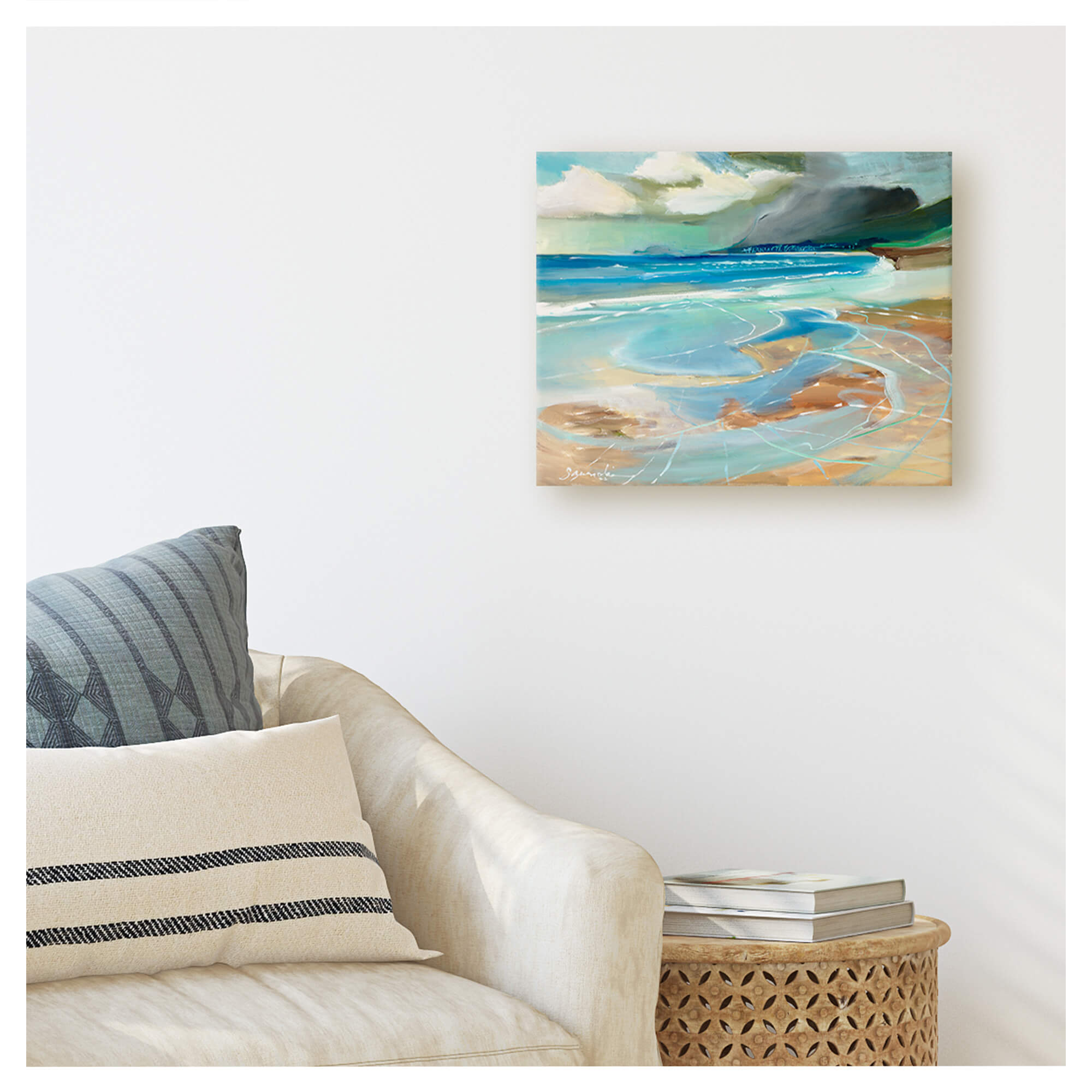 A wall art of an original painting featuring an abstract serene seascape of Laie Beach using oil on canvas by famous Hawaii artist Saumolia Puapuaga