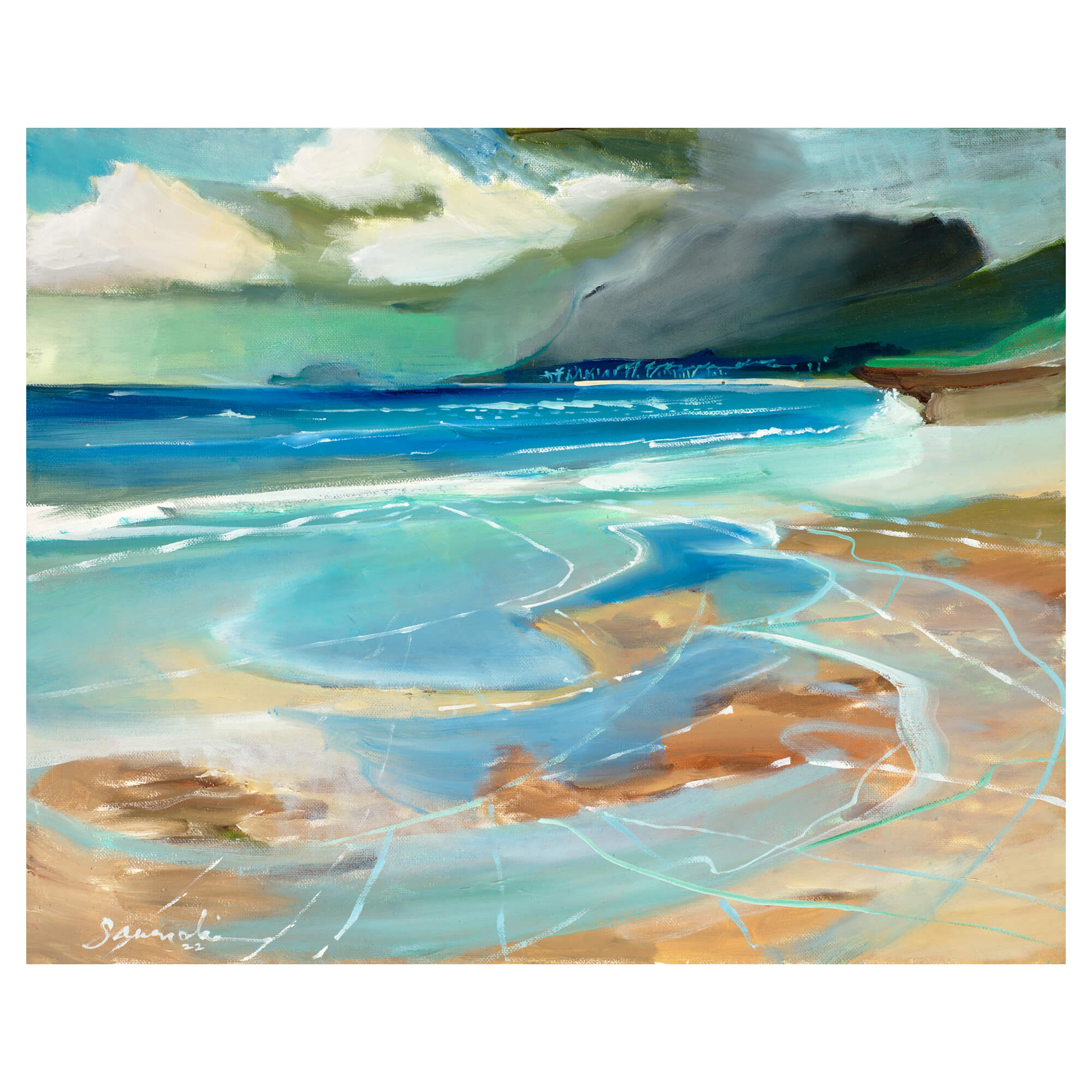 Original painting featuring an abstract serene seascape of Laie Beach using oil on canvas by famous Hawaii artist Saumolia Puapuaga