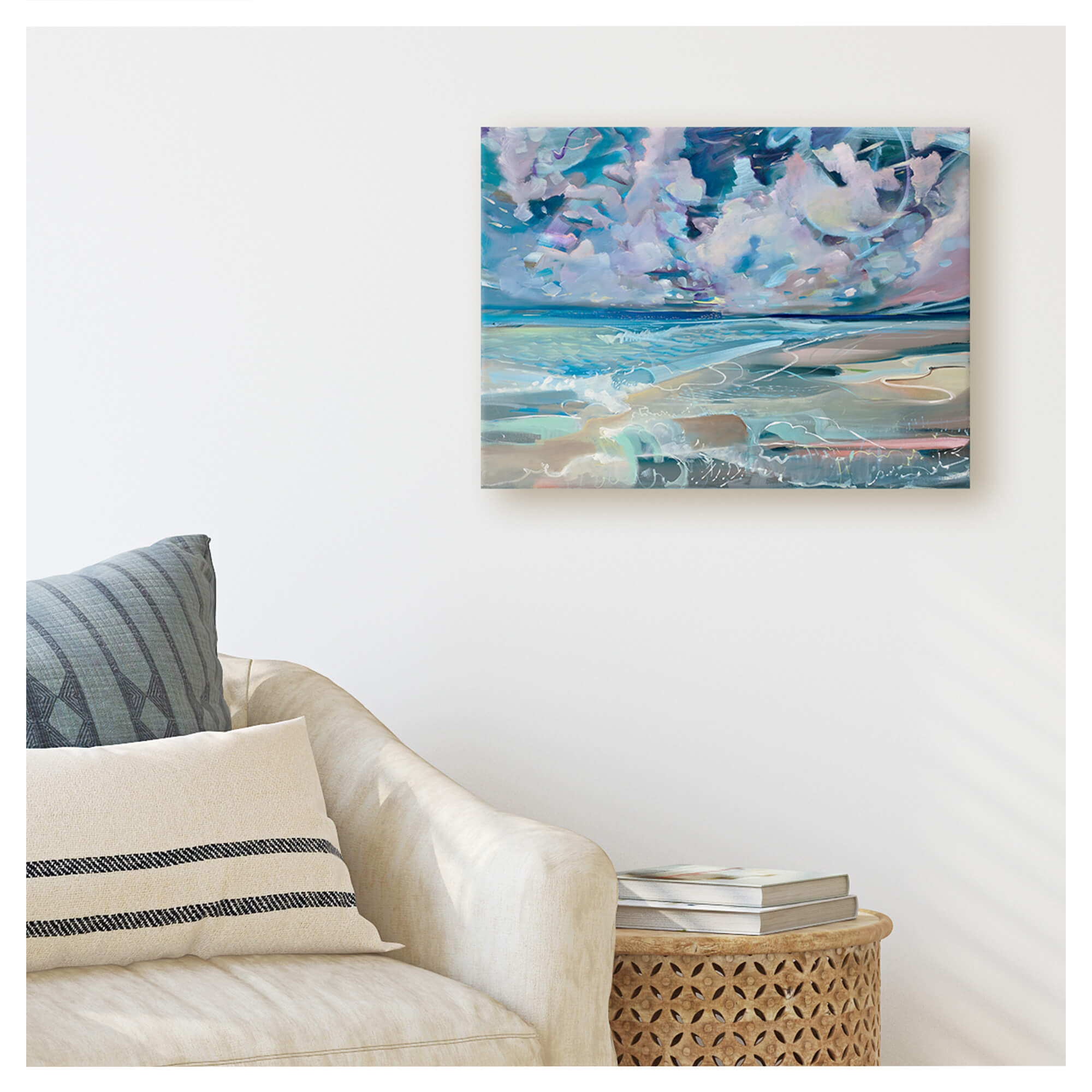 A wall art of an original painting featuring an abstract seascape showing Hawaii's tranquil waters and pastel-colored sky using oil on canvas by famous Hawaii artist Saumolia Puapuaga