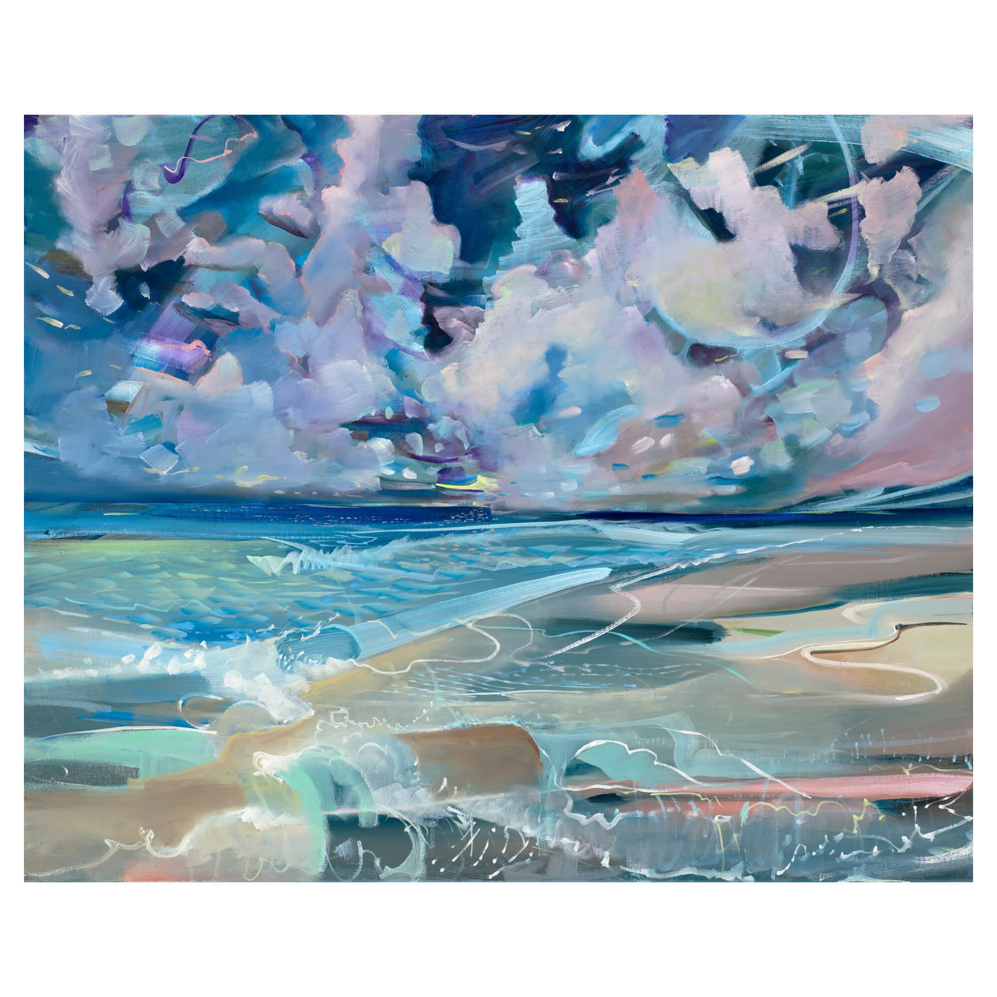 Original painting featuring an abstract seascape showing Hawaii's tranquil waters and pastel-colored sky using oil on canvas by famous Hawaii artist Saumolia Puapuaga