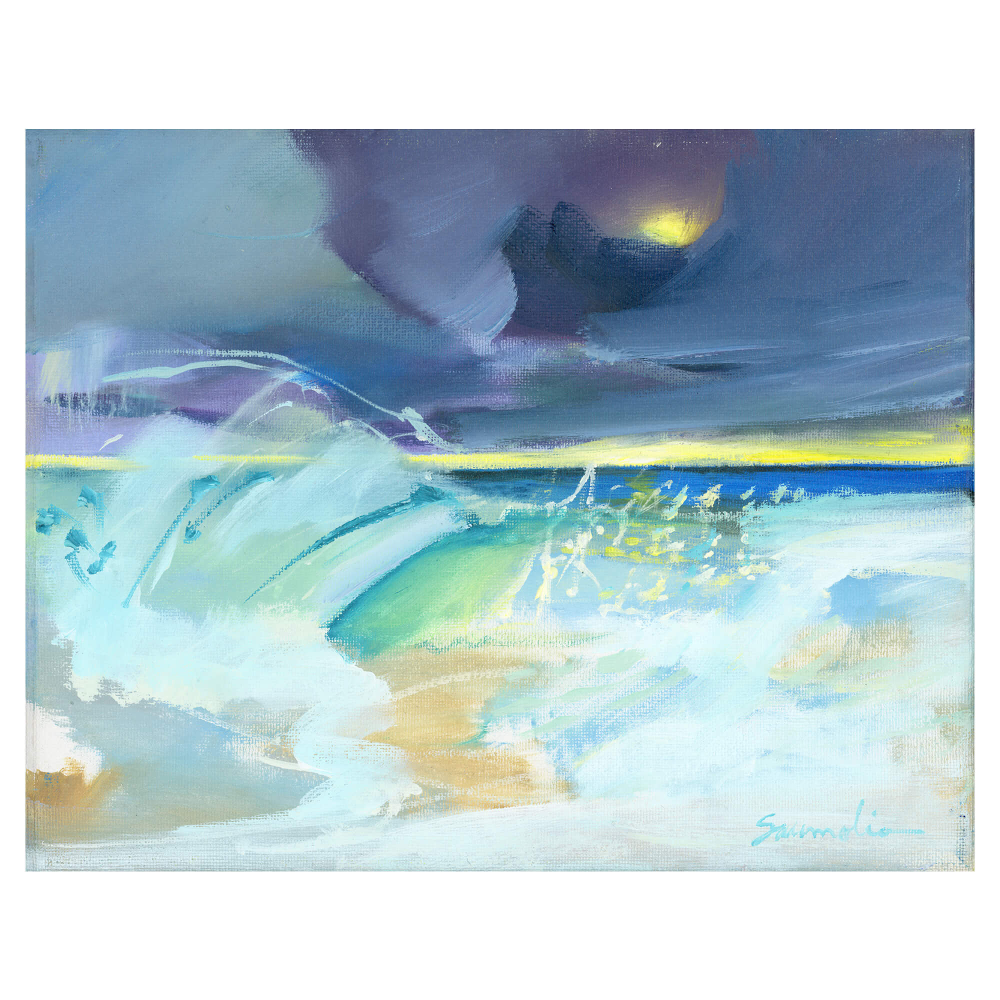 Vibrant teal-hued crashing waves and dark blue clouds by Hawaii artist Saumolia Puapuaga