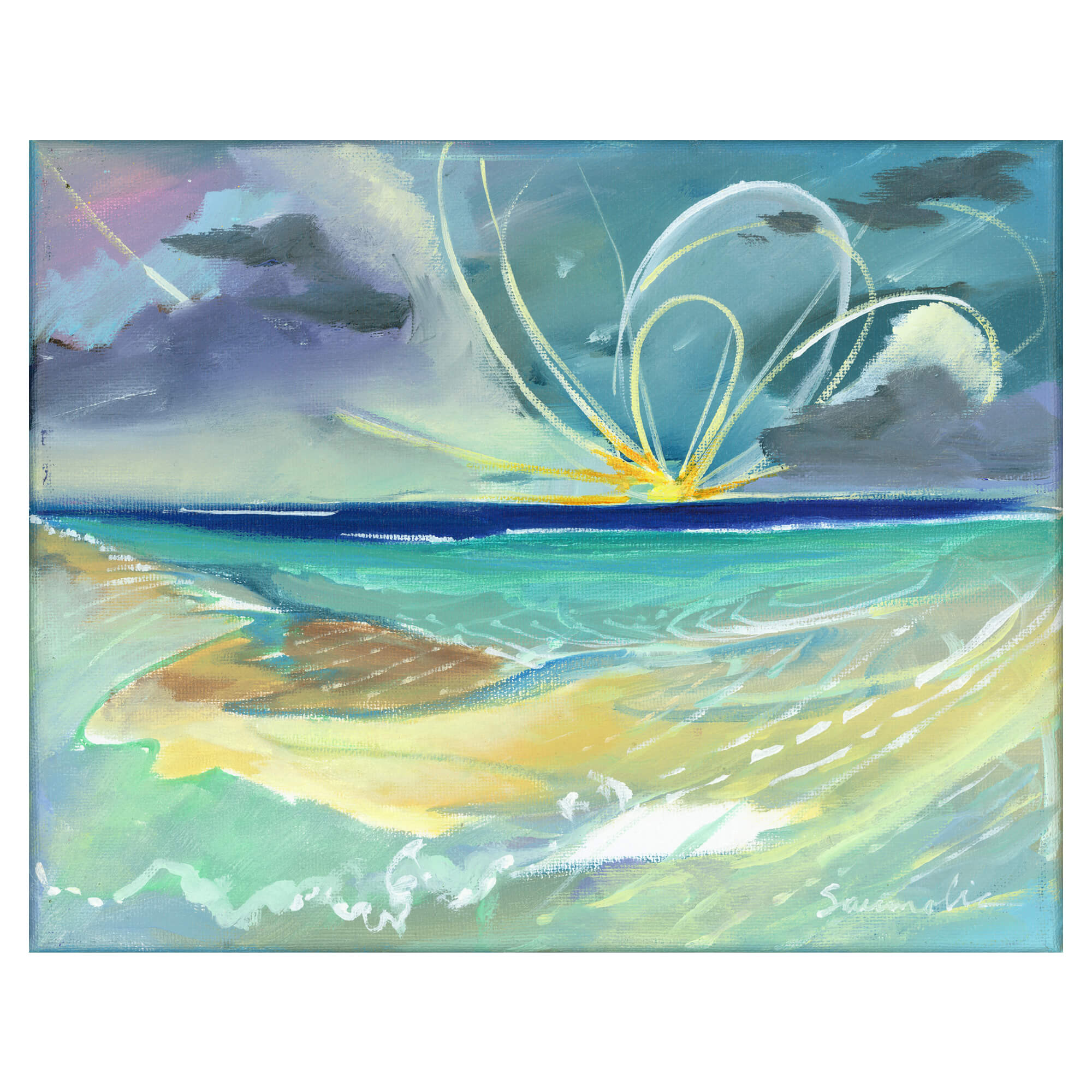 Teal and blue hued ocean with crashing waves and view of the sunset by Hawaii artist Saumolia Puapuaga