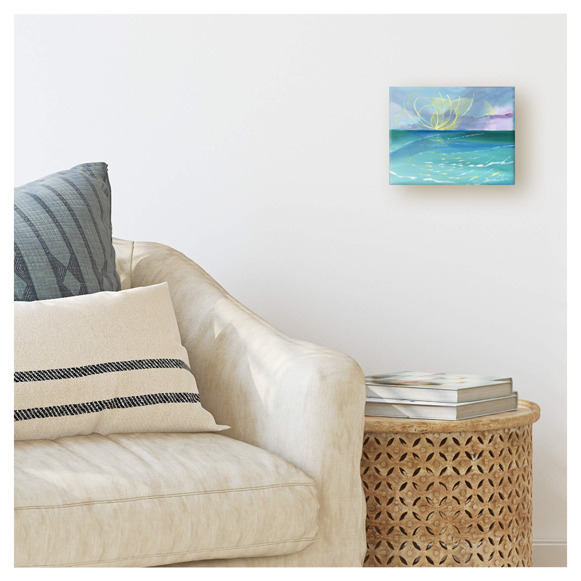 Mini canvas original painting of a serene seascape with teal-hued waters by Hawaii artist Saumolia Puapuaga