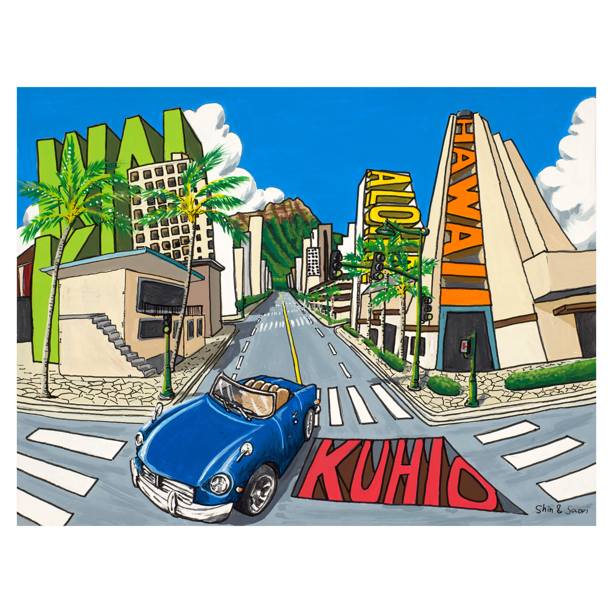 A colorful depiction of Kuhio Ave by Hawaii artist Shin Kato