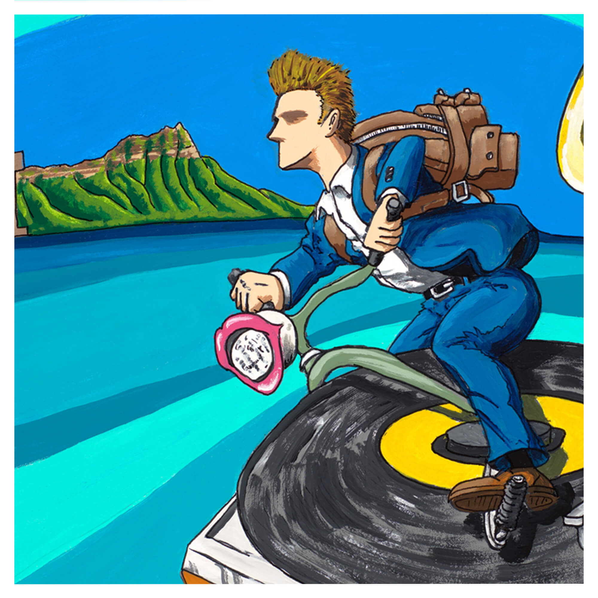 A man wearing a blue suit with a brown backpack by Hawaii artist Shin and Saori Kato