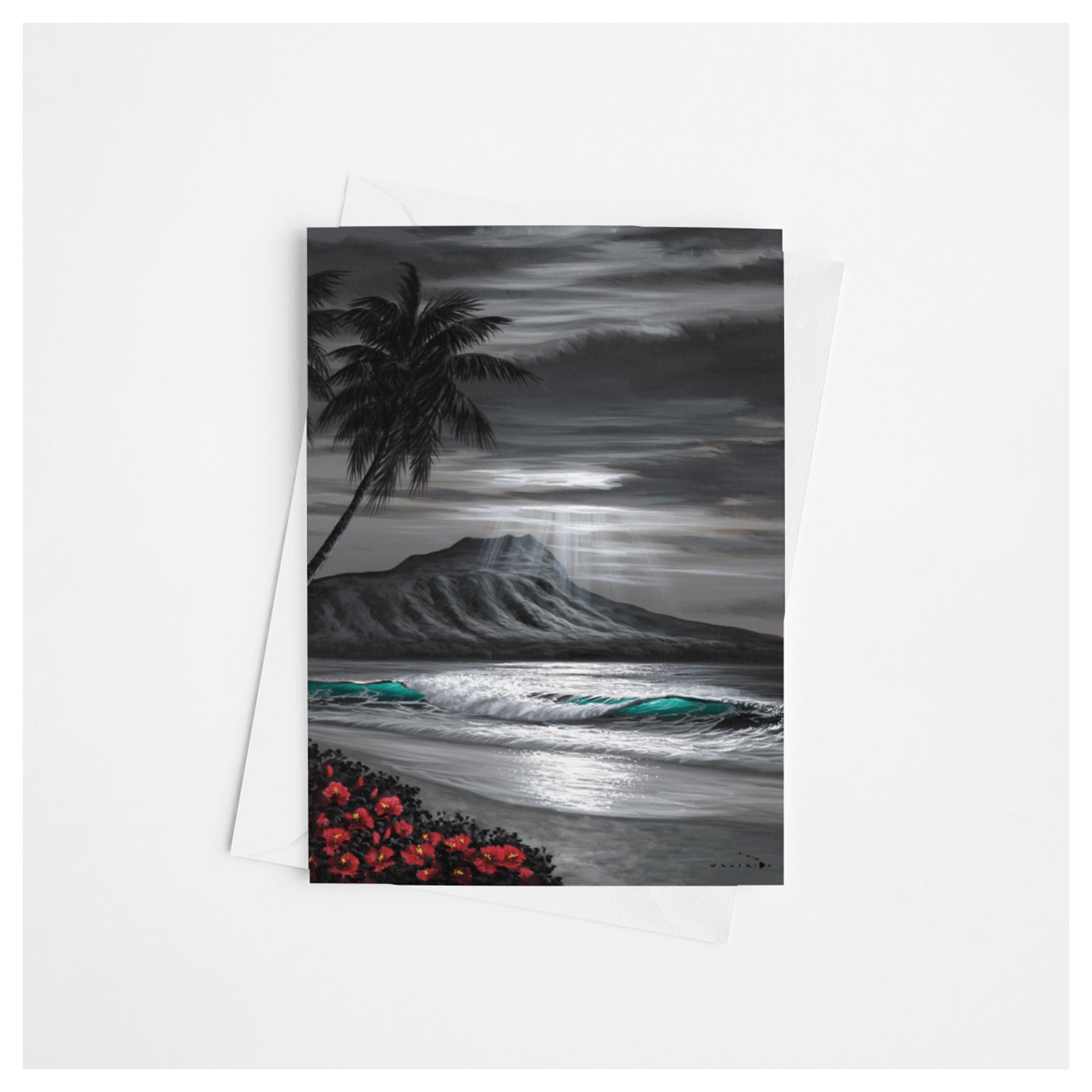 A greeting card that features a black and white, with pops of color, view of the famous Diamond Head Crater on Oahu by Hawaii artist Walfrido Garcia