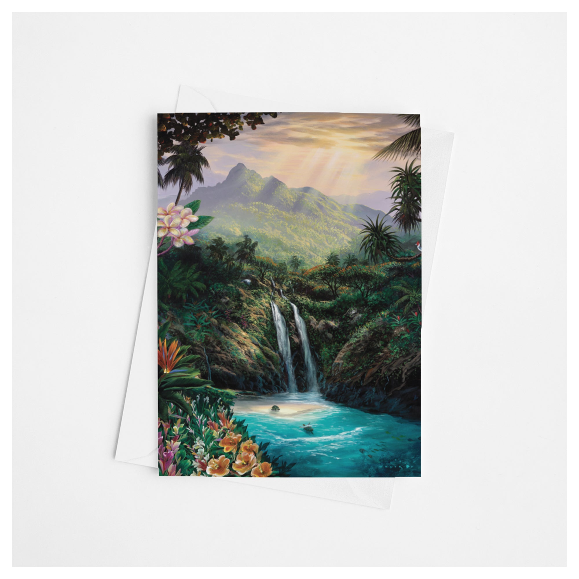 A greeting card that features a stunning view of an island waterfall with turtles swimming below by Hawaii artist Walfrido Garcia