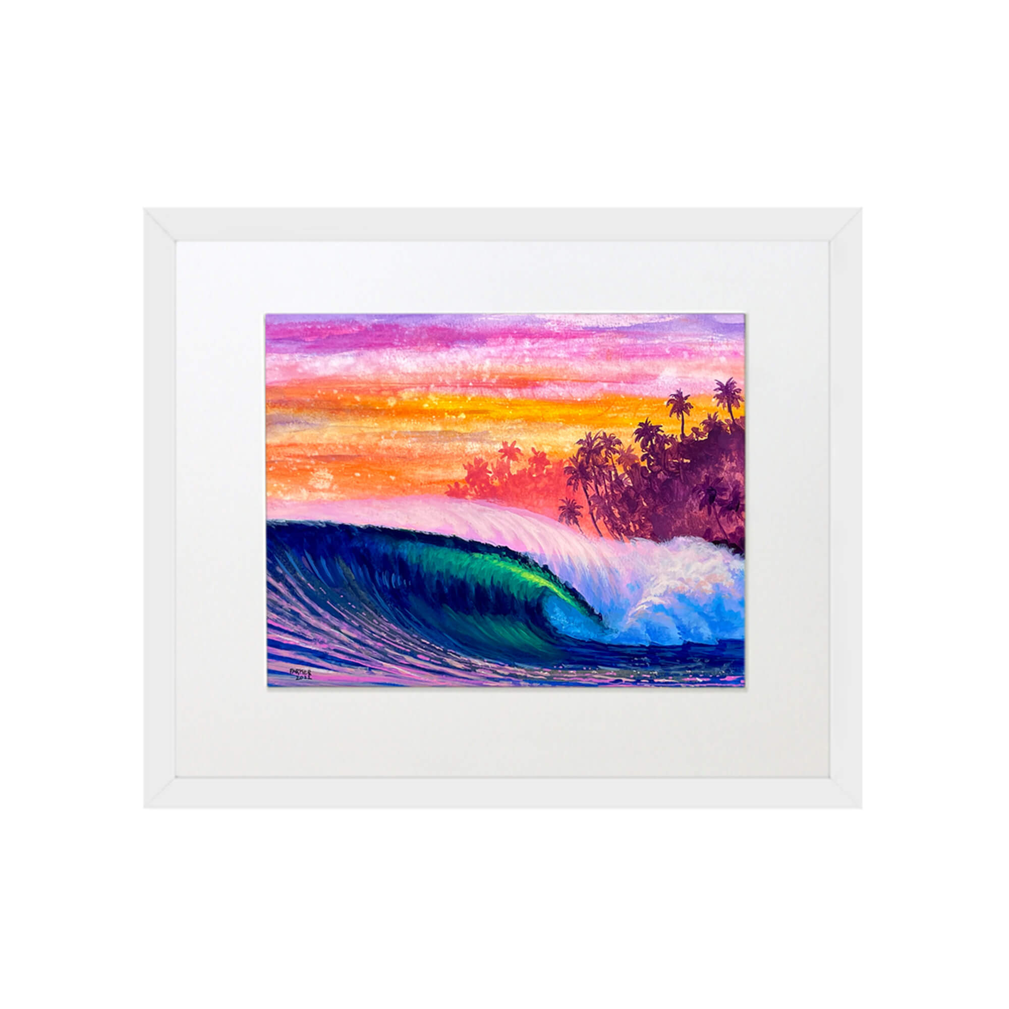 Vibrant blue wave art with purple and orange-hued sunset by Maui artist Patrick Parker