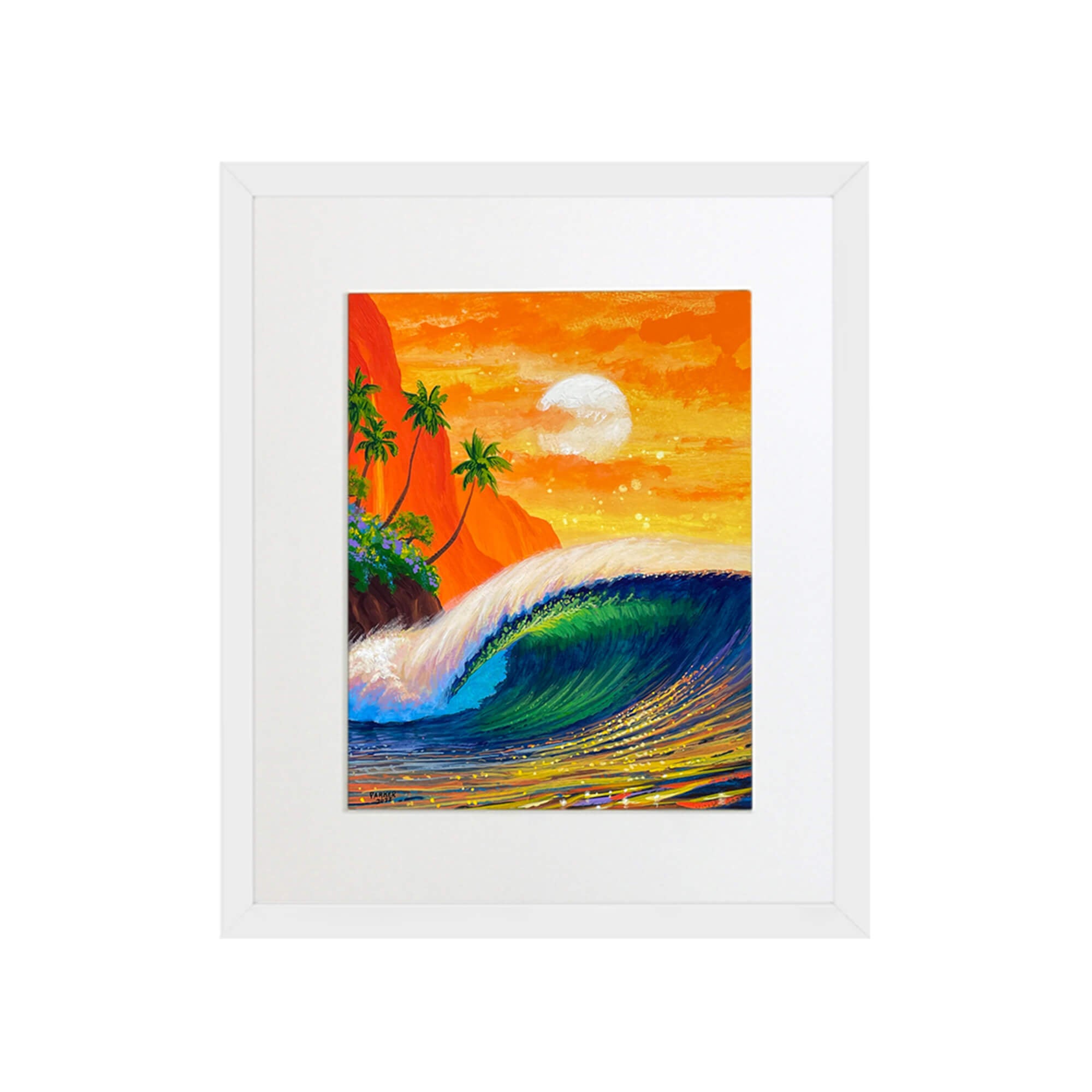 Large crashing wave and vibrant yellow and orange sunset by Hawaii artist Patrick Parker