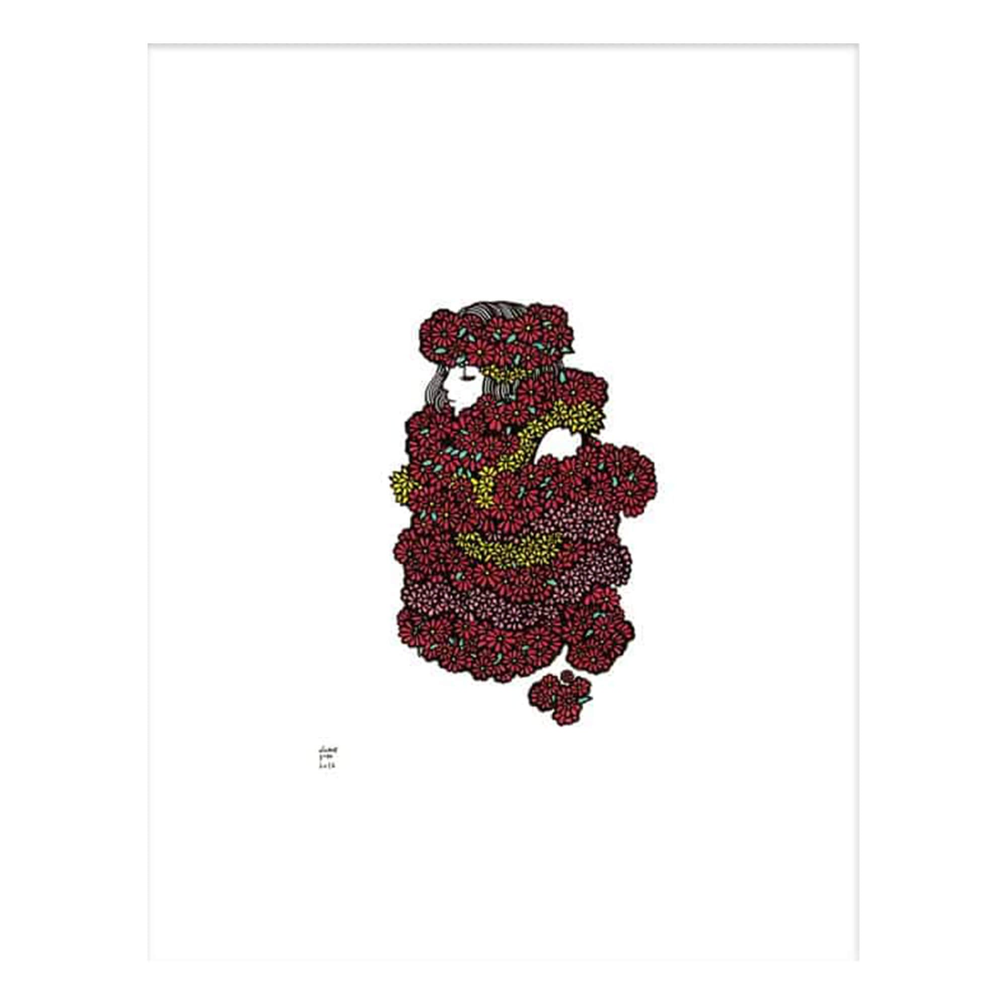 A matted art print of a woman adorned in red, pink, and yellow lei by Hawaii artist Kris Goto