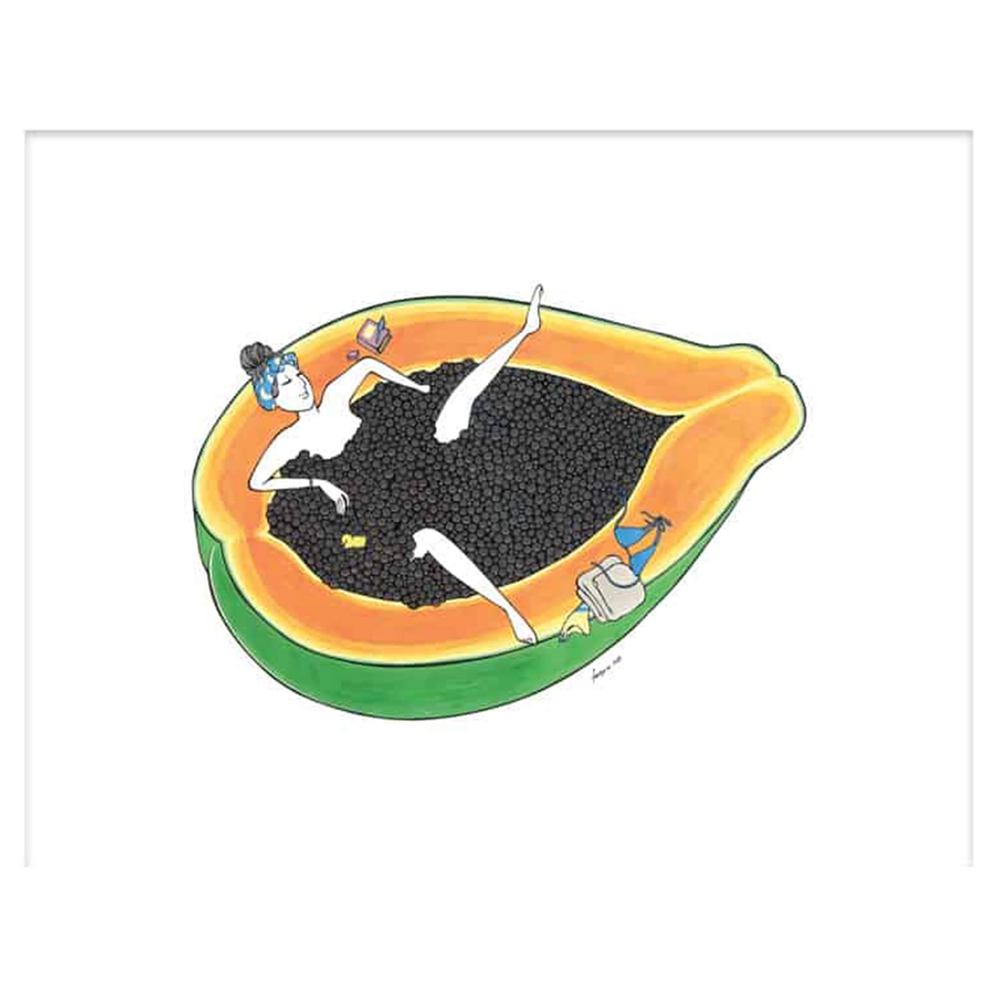 A matted art print  of a woman having a spa day and lounging in the seedy center of an orange papaya by Hawaii artist Kris Goto