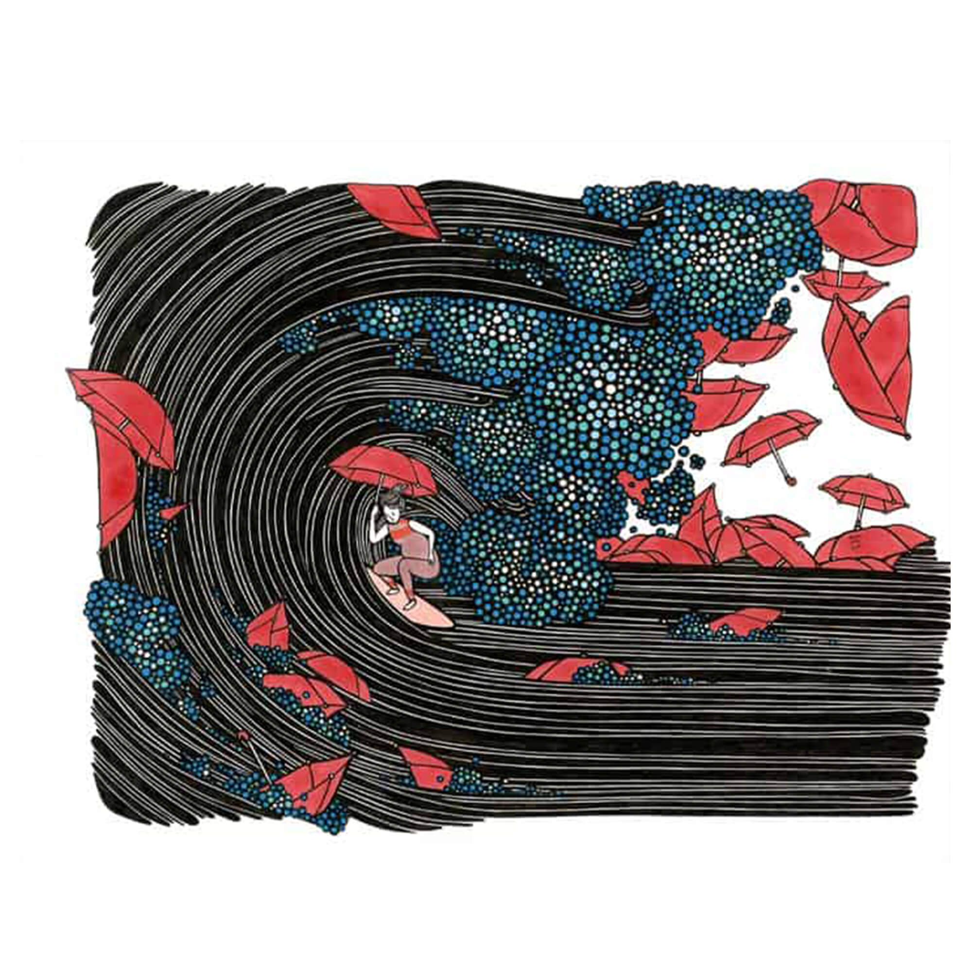 A matted art print of a woman surfing a massive, black ink wave scattered with red umbrellas by Hawaii artist Kris Goto