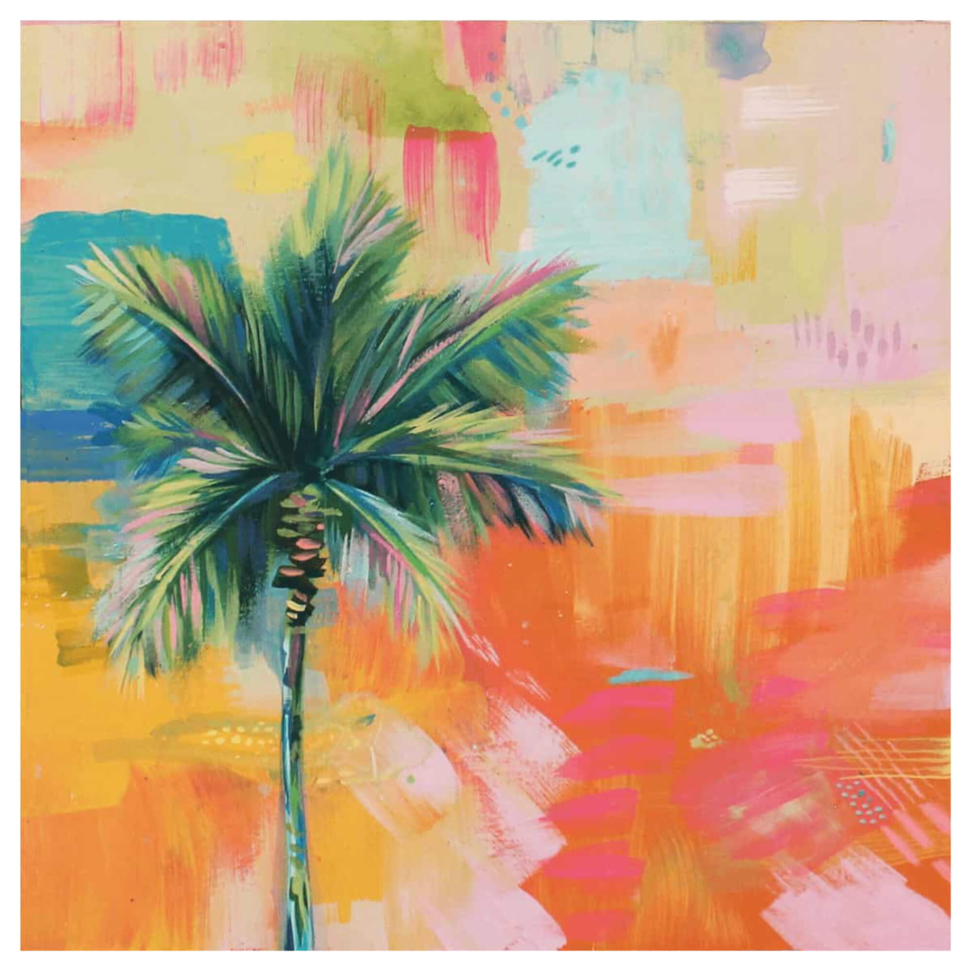 A bamboo art print of a palm tree against an orange, pink and blue multi-layered backdrop by Hawaii artist Lauren Roth