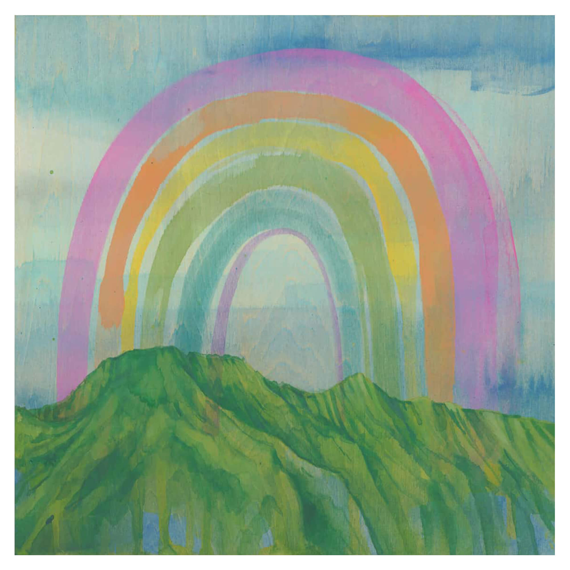 A bamboo print of a Hawaii rainbow over the Koolau mountains by Hawaii artist Lauren Roth