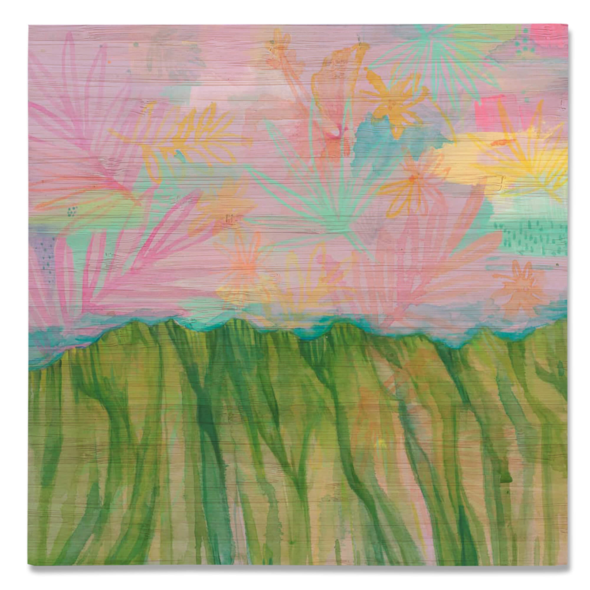 A bamboo print of a multi-hued sky with traces of tropical flora over the Koolau mountains by Hawaii artist Lauren Roth