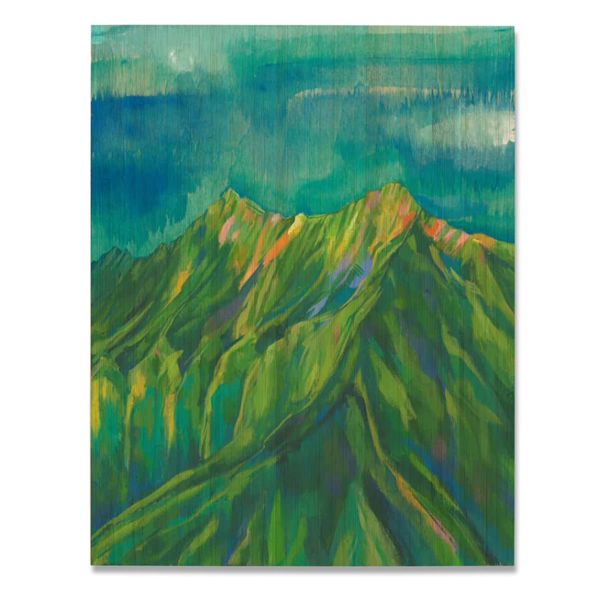 Bamboo art print of a vast mountain range against a beautiful clear sky by Hawaii artist Lauren Roth