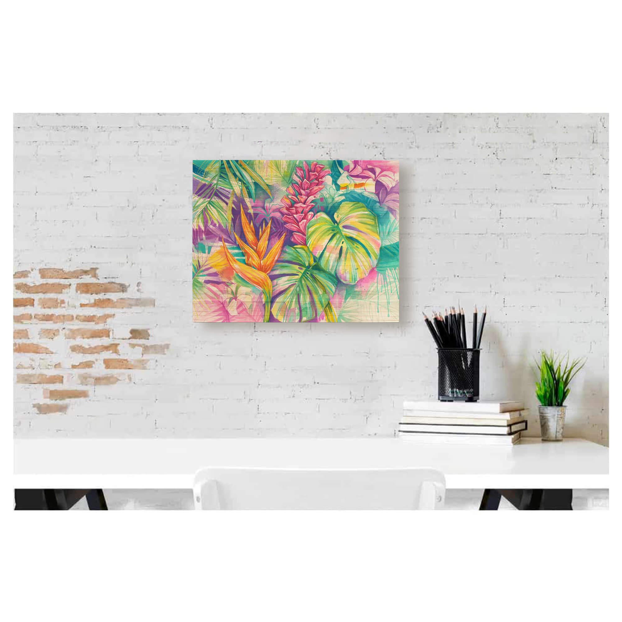 Bamboo print of many shapes and hues of tropical island flora by Hawaii artist Lauren Roth
