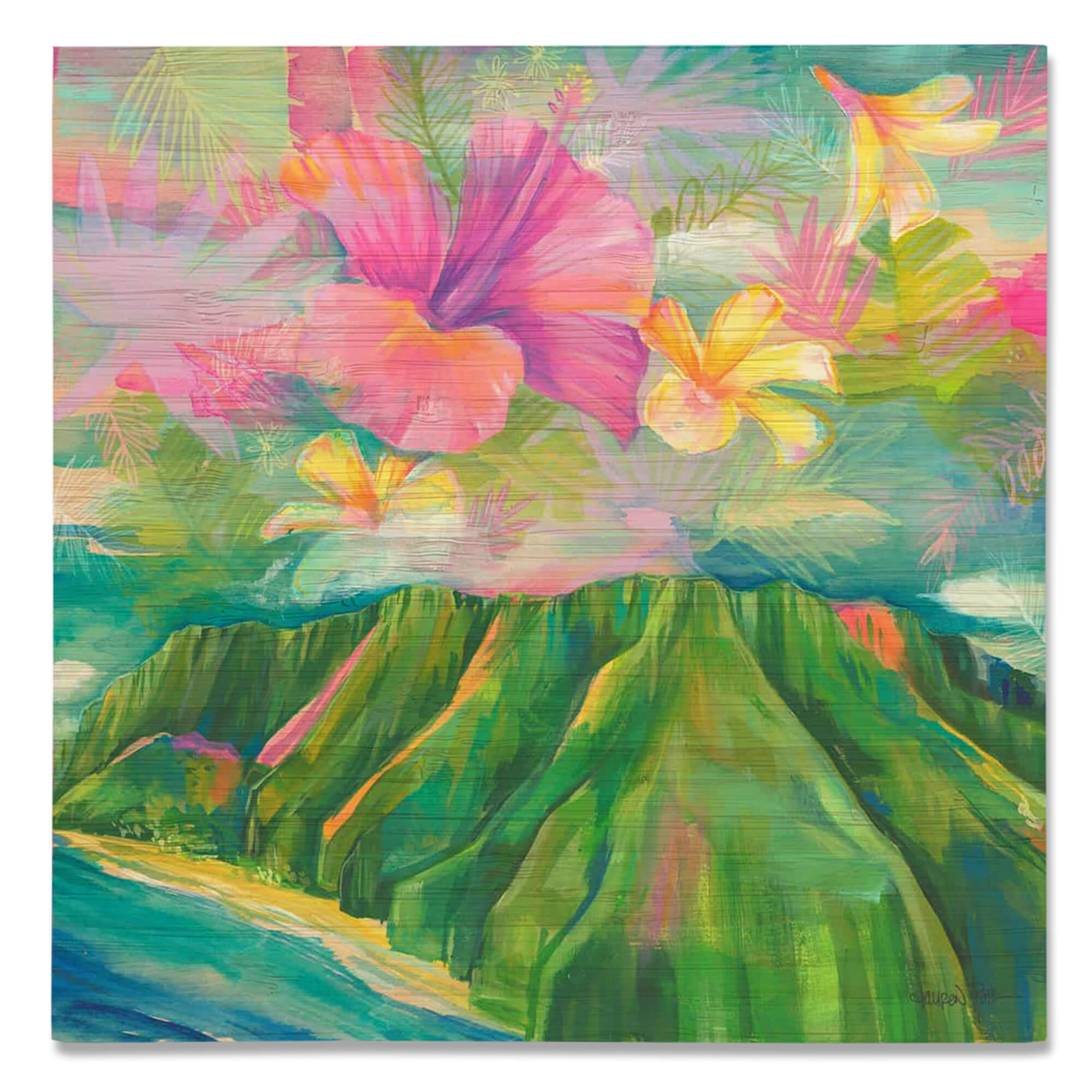 A bamboo print of the Koolau mountains beneath a vibrant sky showcasing the diversity of tropical flora by Hawaii artist Lauren Roth