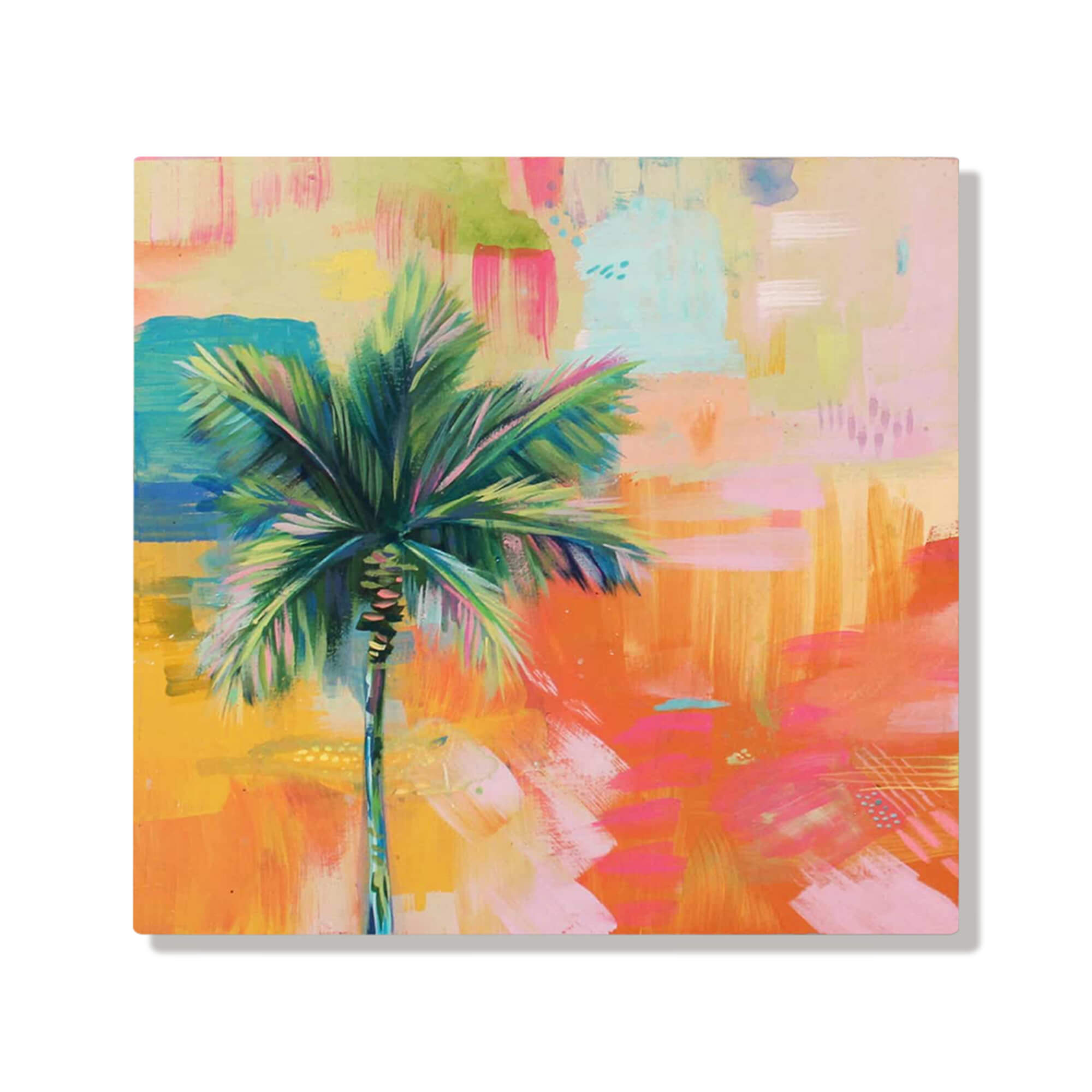 A metal art print  of a palm tree against an orange, pink and blue multi-layered backdrop by Hawaii artist Lauren Roth