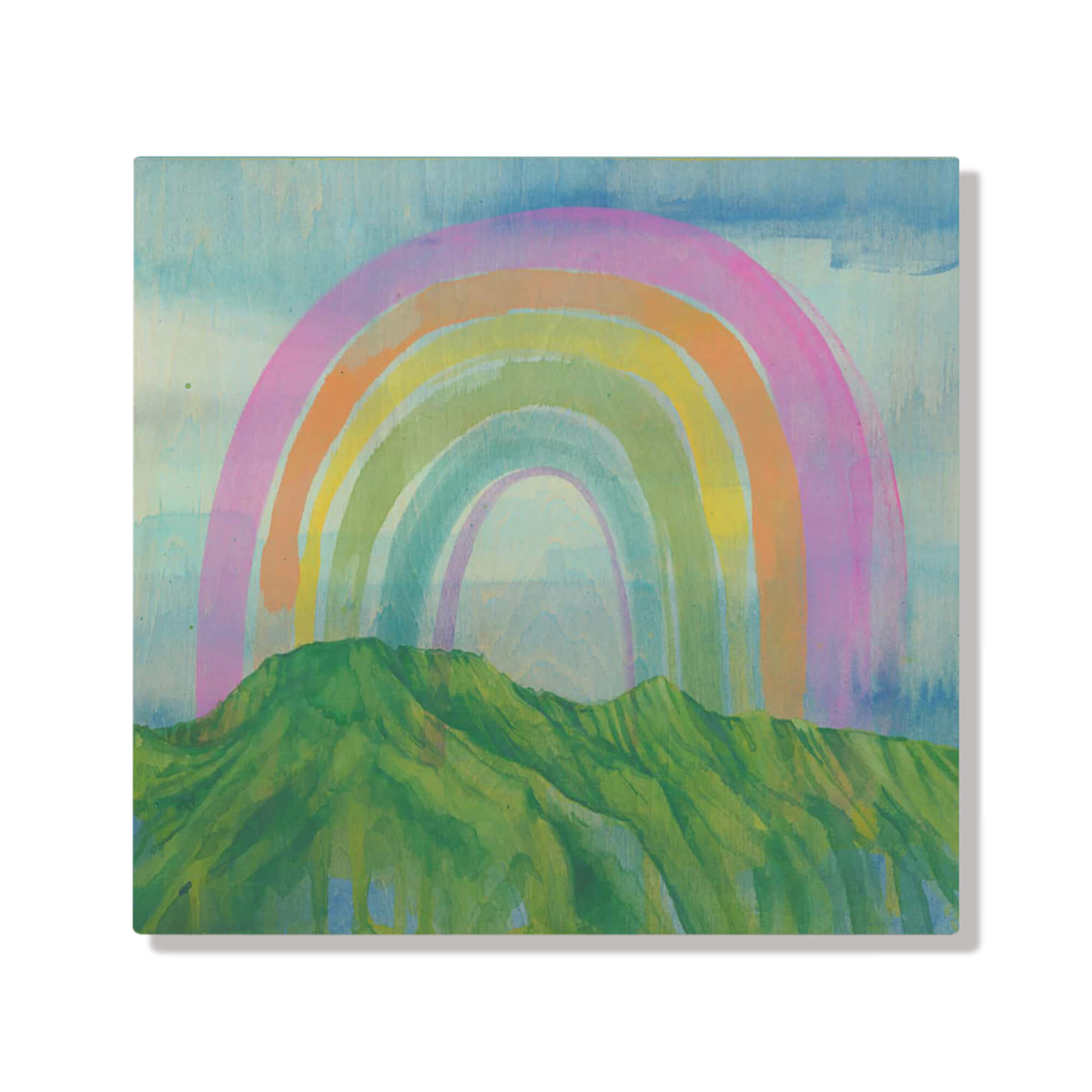 A metal art print of a Hawaii rainbow over the Koolau mountains by Hawaii artist Lauren Roth