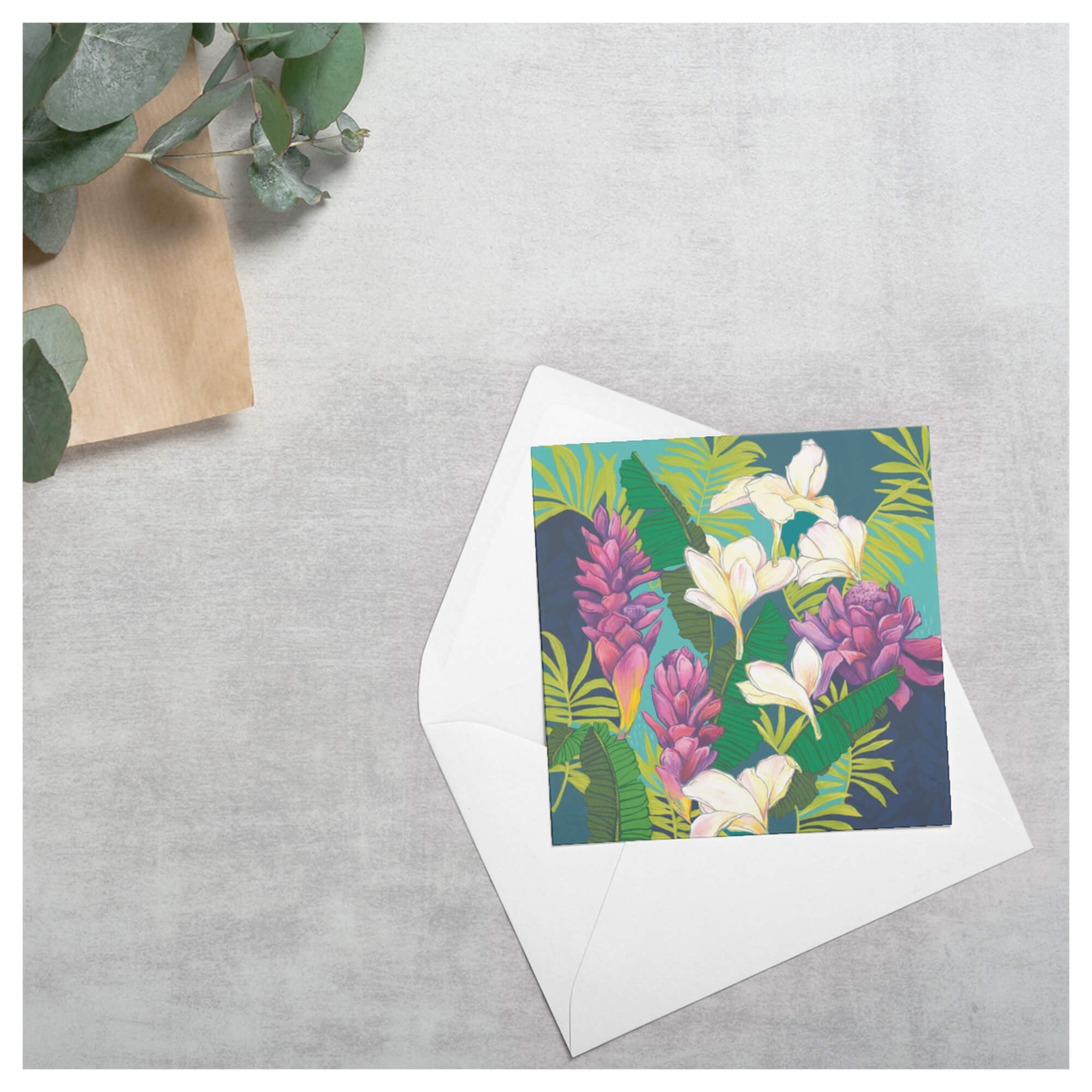 A greeting card that features vibrant purple-hued ginger flowers and white plumerias and various tropical leaves by Hawaii artist Lauren Roth