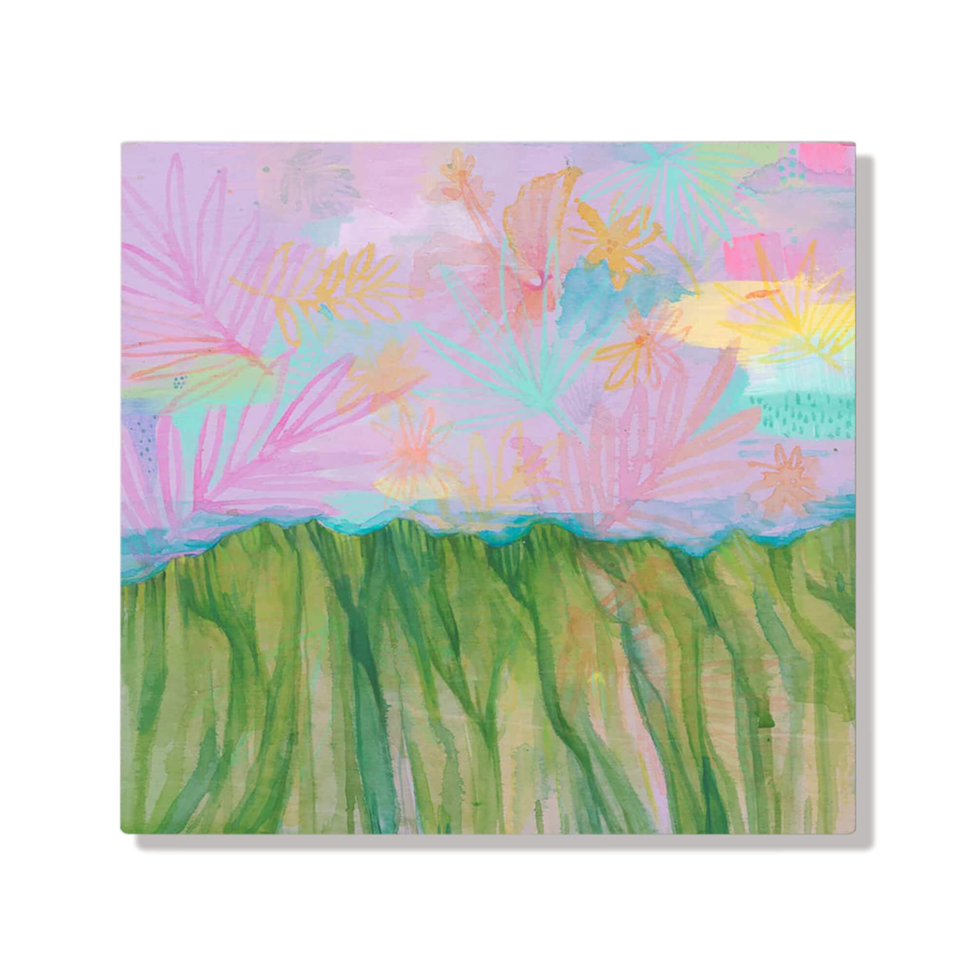 A metal art print of a multi-hued sky with traces of tropical flora over the Koolau mountains by Hawaii artist Lauren Roth