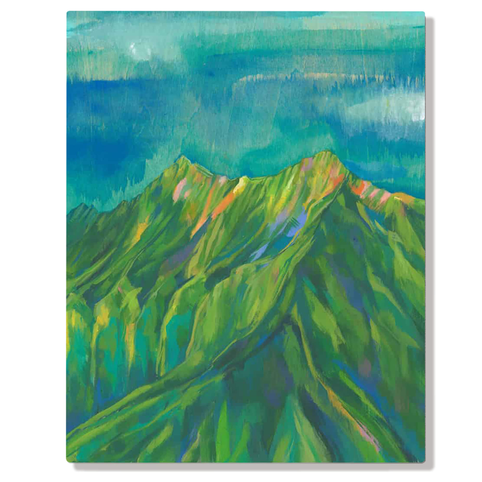 A metal art print of a vast mountain range against a beautiful clear sky by Hawaii artist Lauren Roth