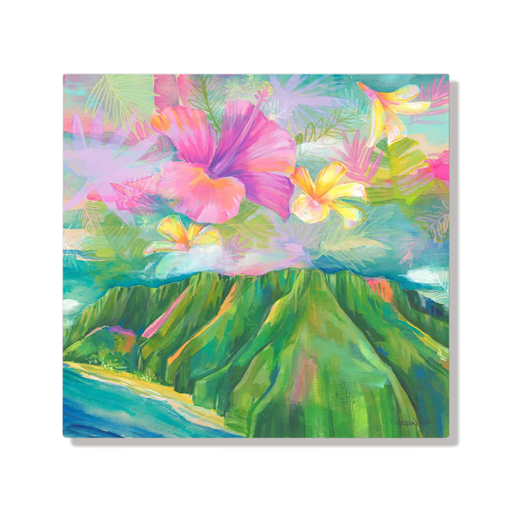 A metal art print showcasing the many shapes and hues of tropical island flora by Hawaii artist Lauren Roth