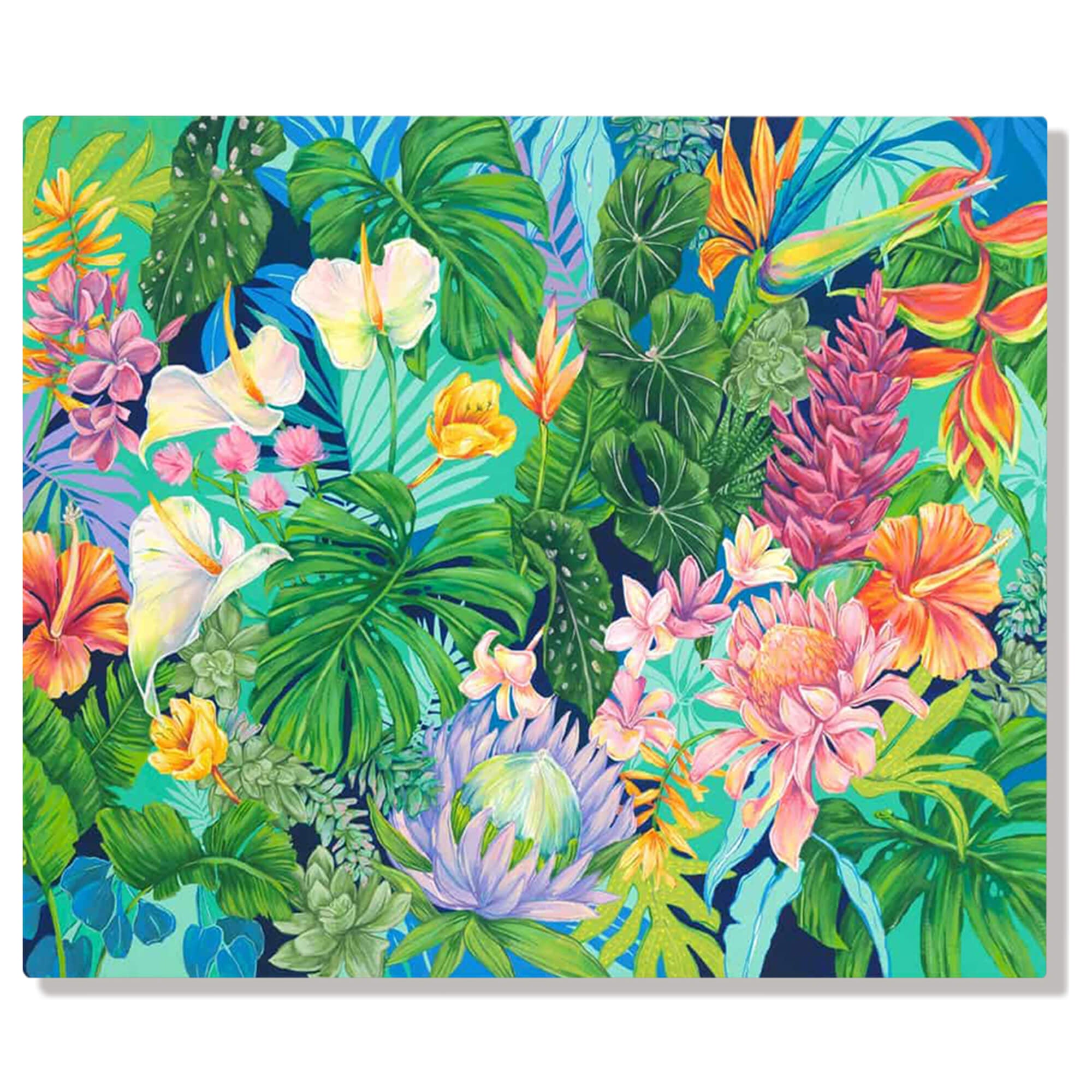 A metal art print featuring  a colorful art collage of tropical flowers and flora by Hawaii artist Lauren Roth