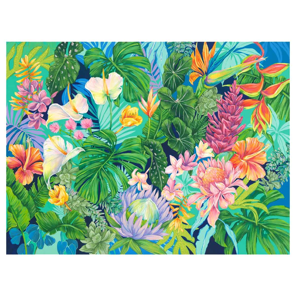 A bamboo art print of various layers and colors of Hawaii's lush tropical flora by Hawaii artist Lauren Roth