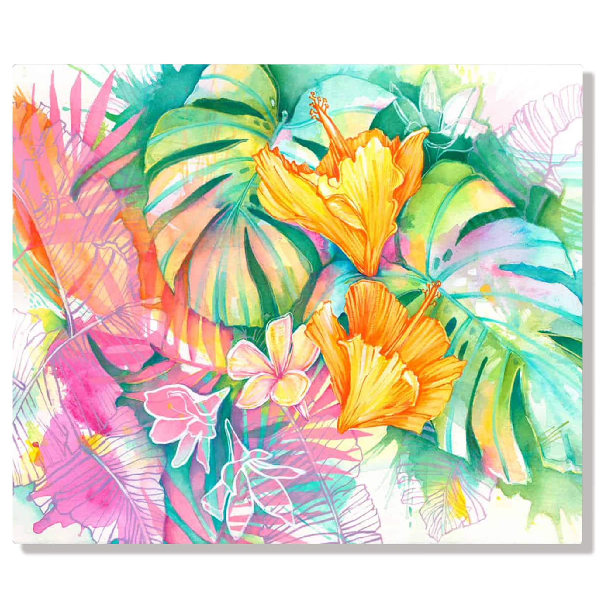 A metal art print of the popular Monstera plant amongst a colorful backdrop of island flora by Hawaii artist Lauren Roth