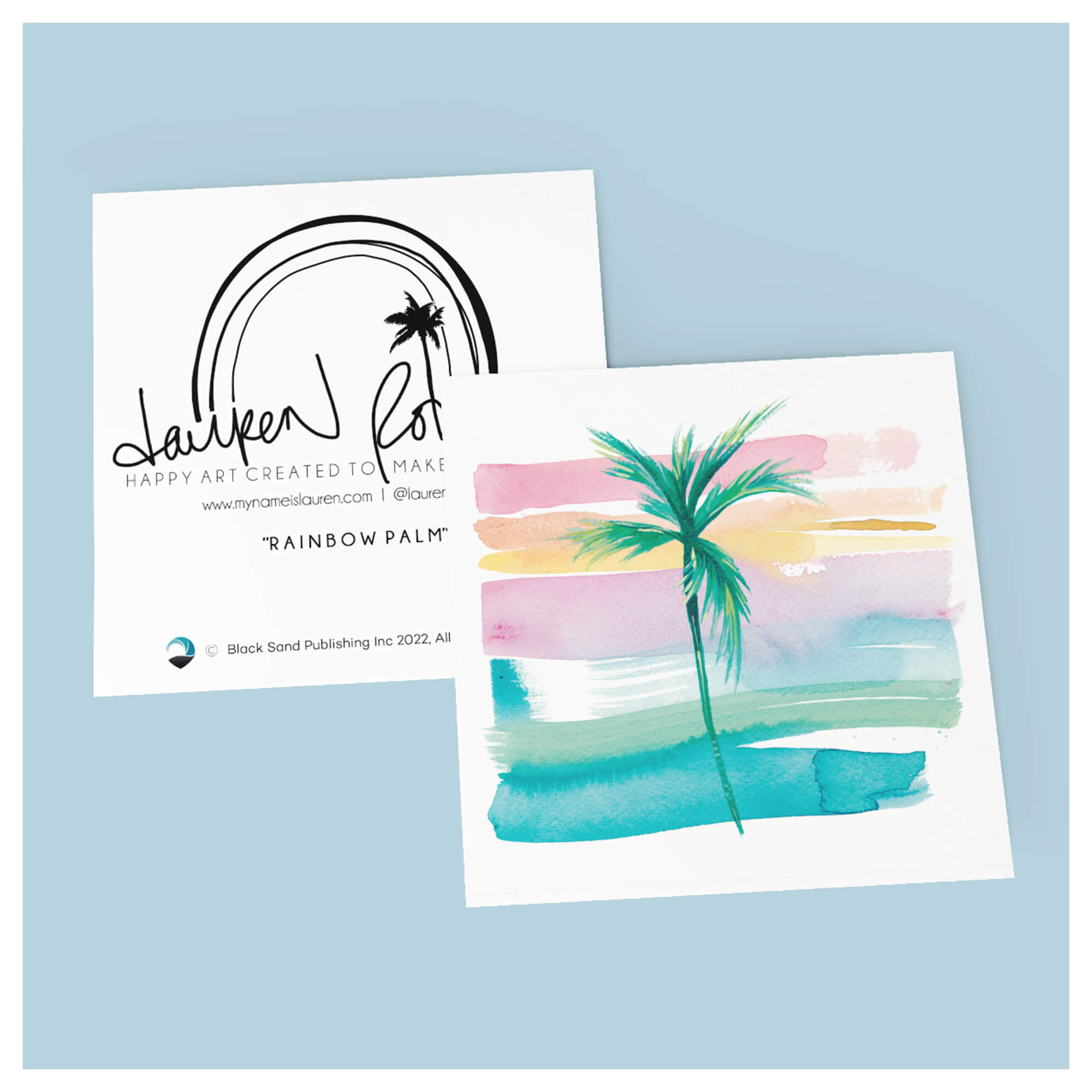 A greeting card that features a palm tree with colorful pastel-hued background by famous Hawaii artist Lauren Roth