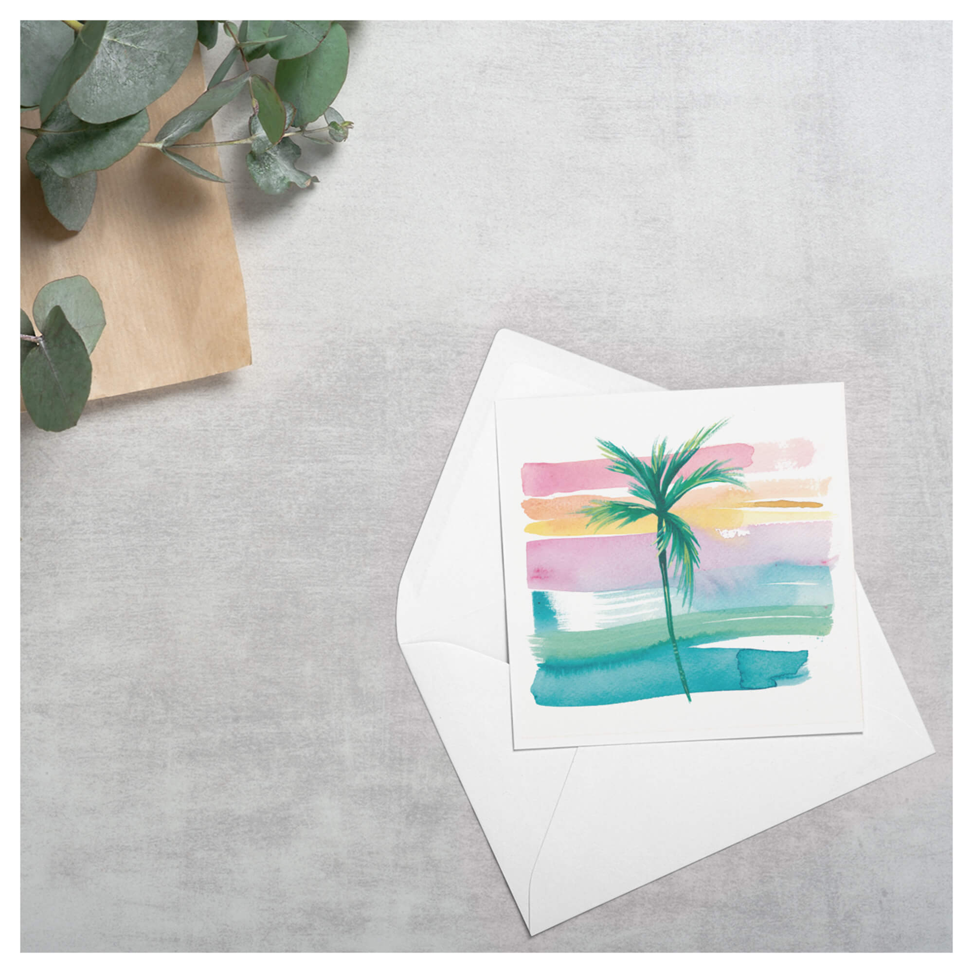 A greeting card that features a palm tree with colorful pastel-hued background by famous Hawaii artist Lauren Roth