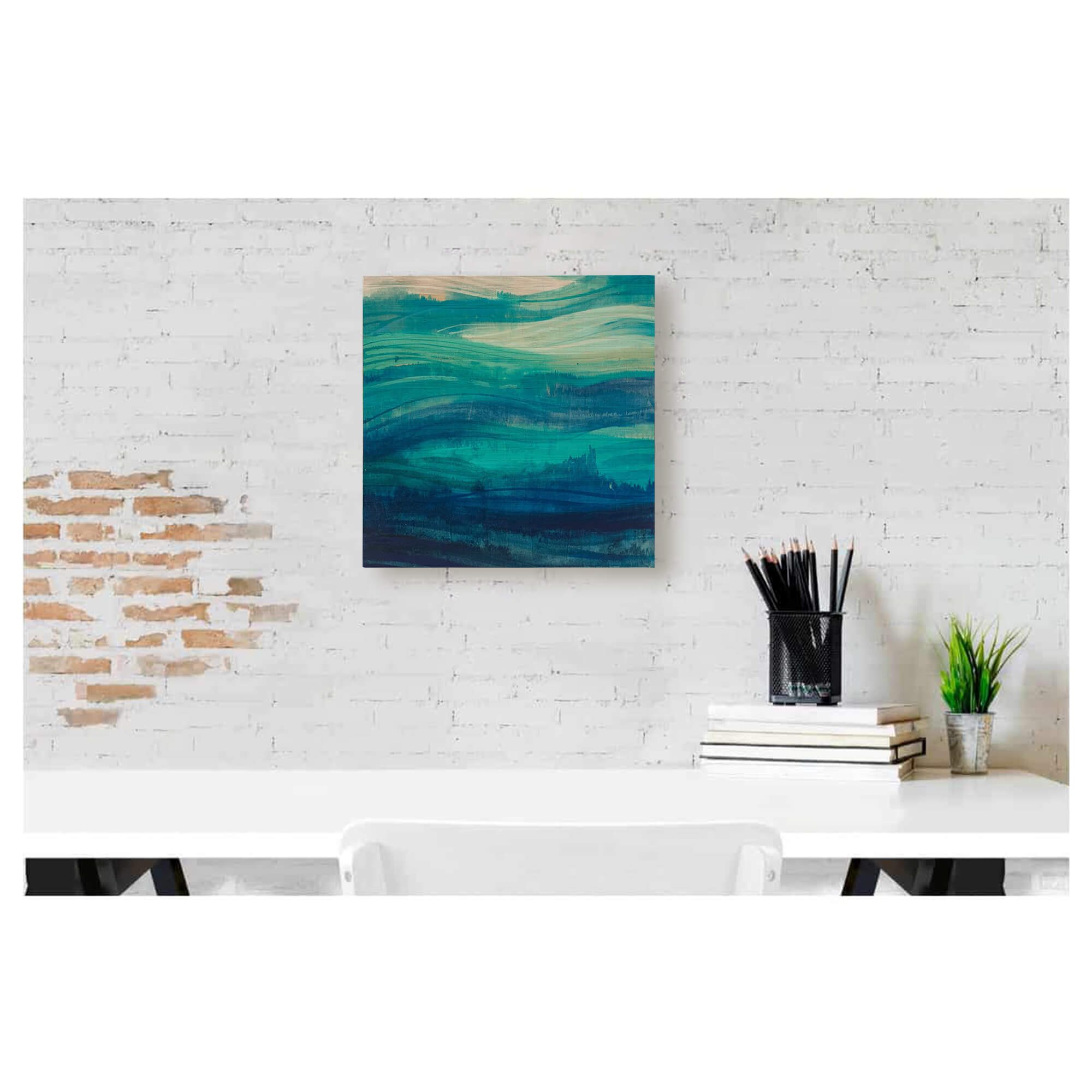 A bamboo art print of the differing blue and aqua hues of the ocean by Hawaii artist Lauren Roth