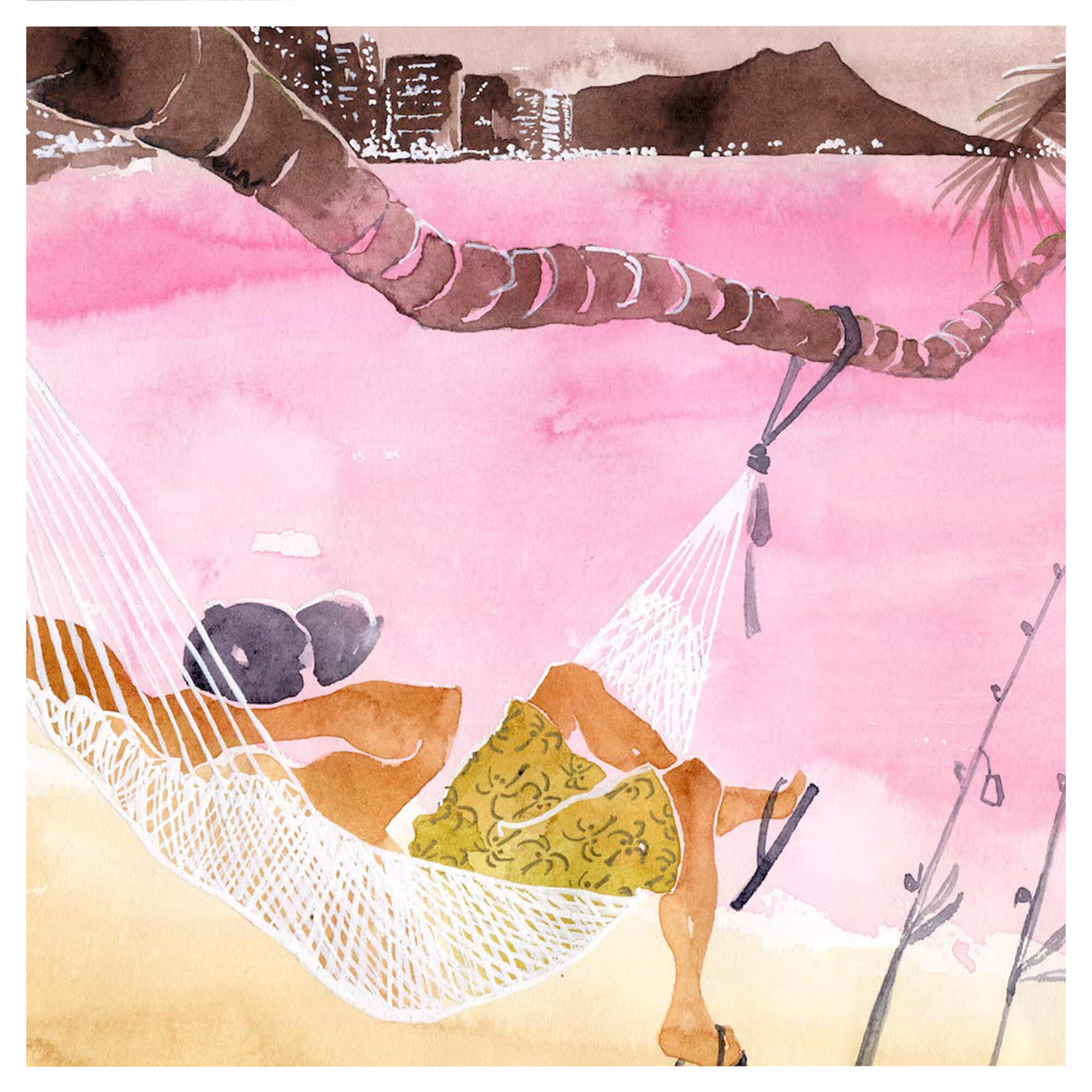 A distant view of the Diamond Head and a man relaxing in a hammock by Hawaii artist Lovisa Oliv