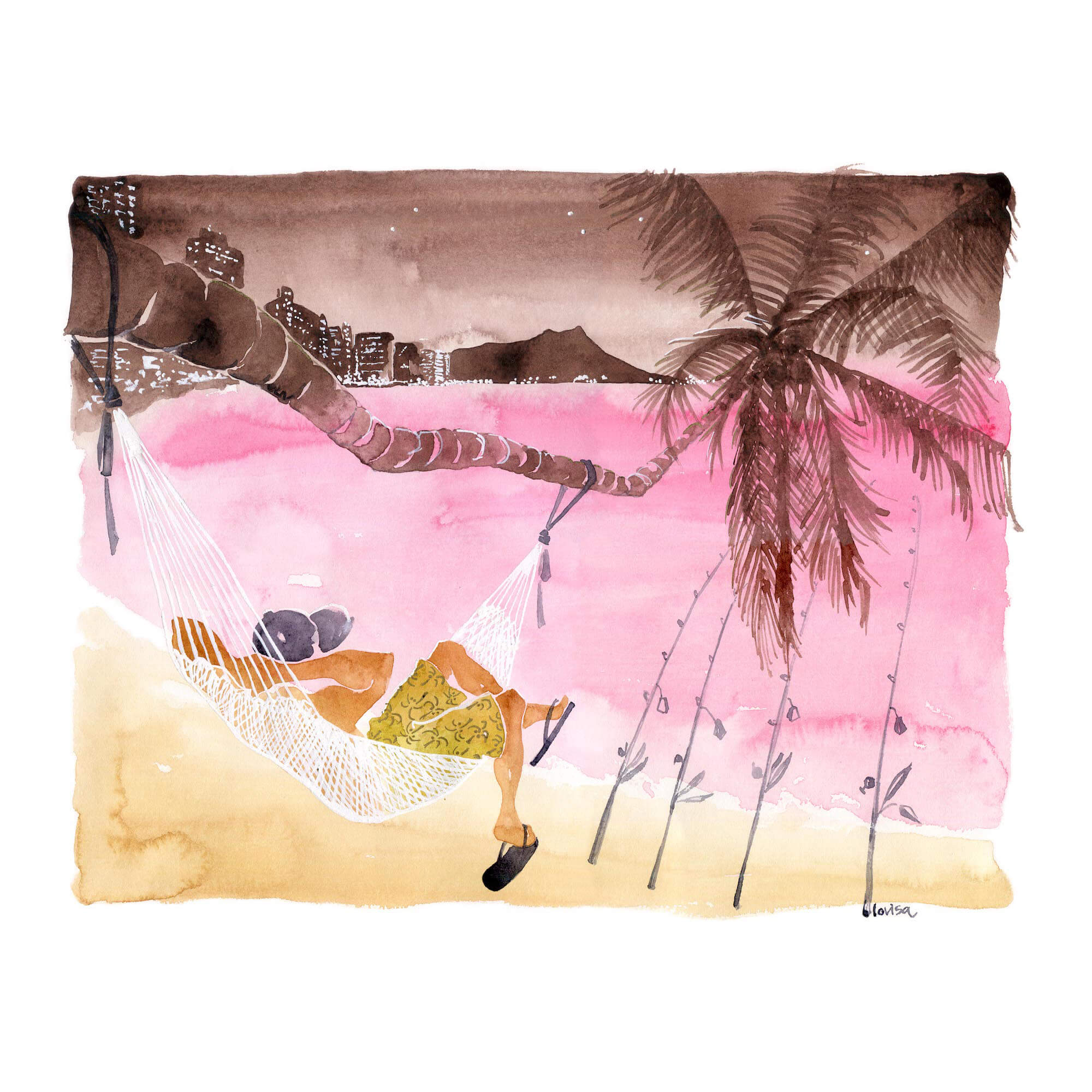 A man in hammock while fishing with a distant view of the Diamond Head by Hawaii artist Lovisa Oliv