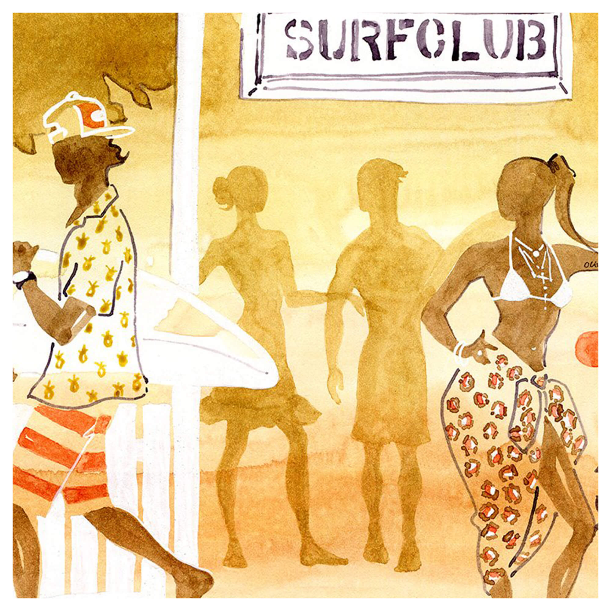 Close up details of artwork Surf Club by Hawaii artist Lovisa Oliv
