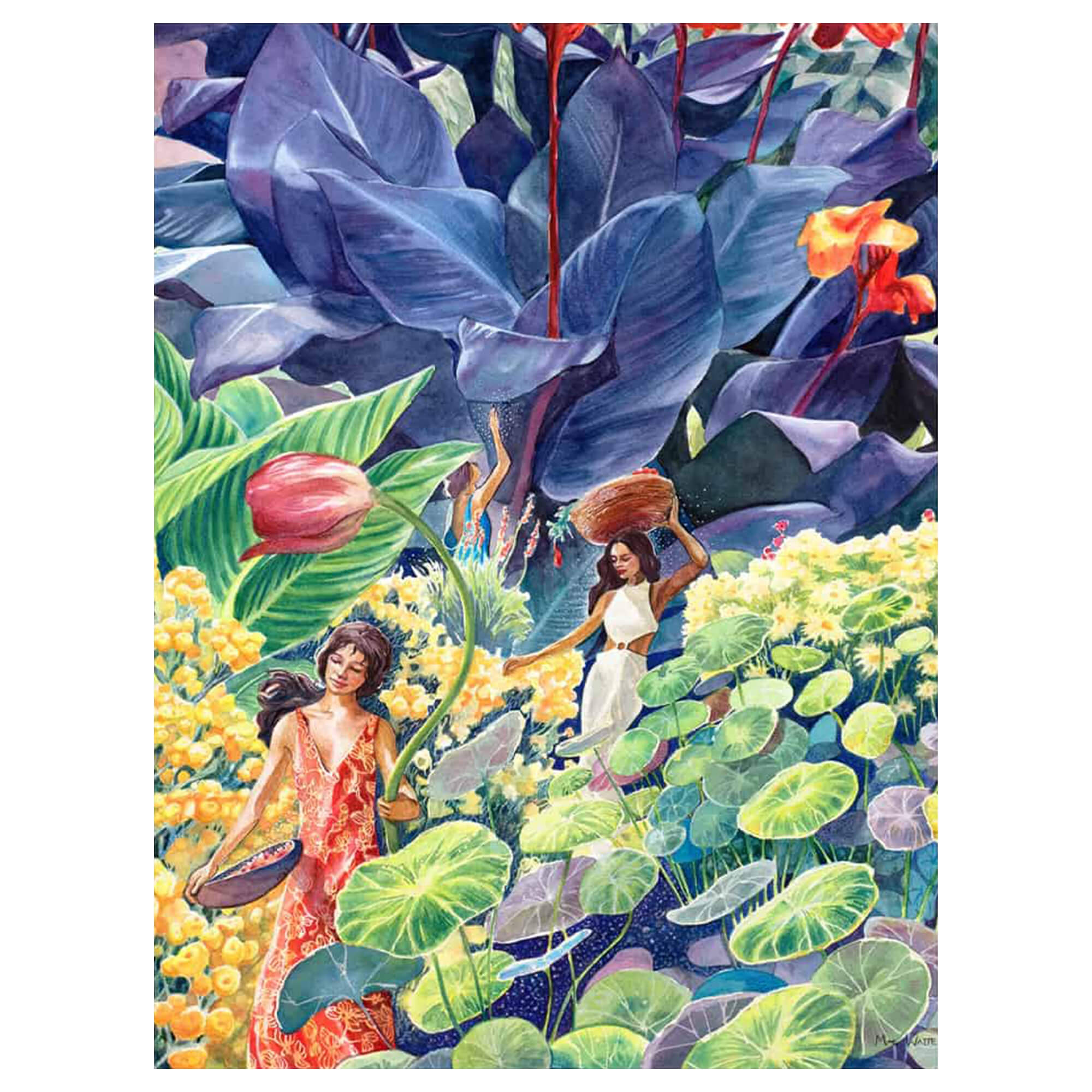 A canvas giclée art print of women amongst tropical flora by Hawaii artist Mae Waite