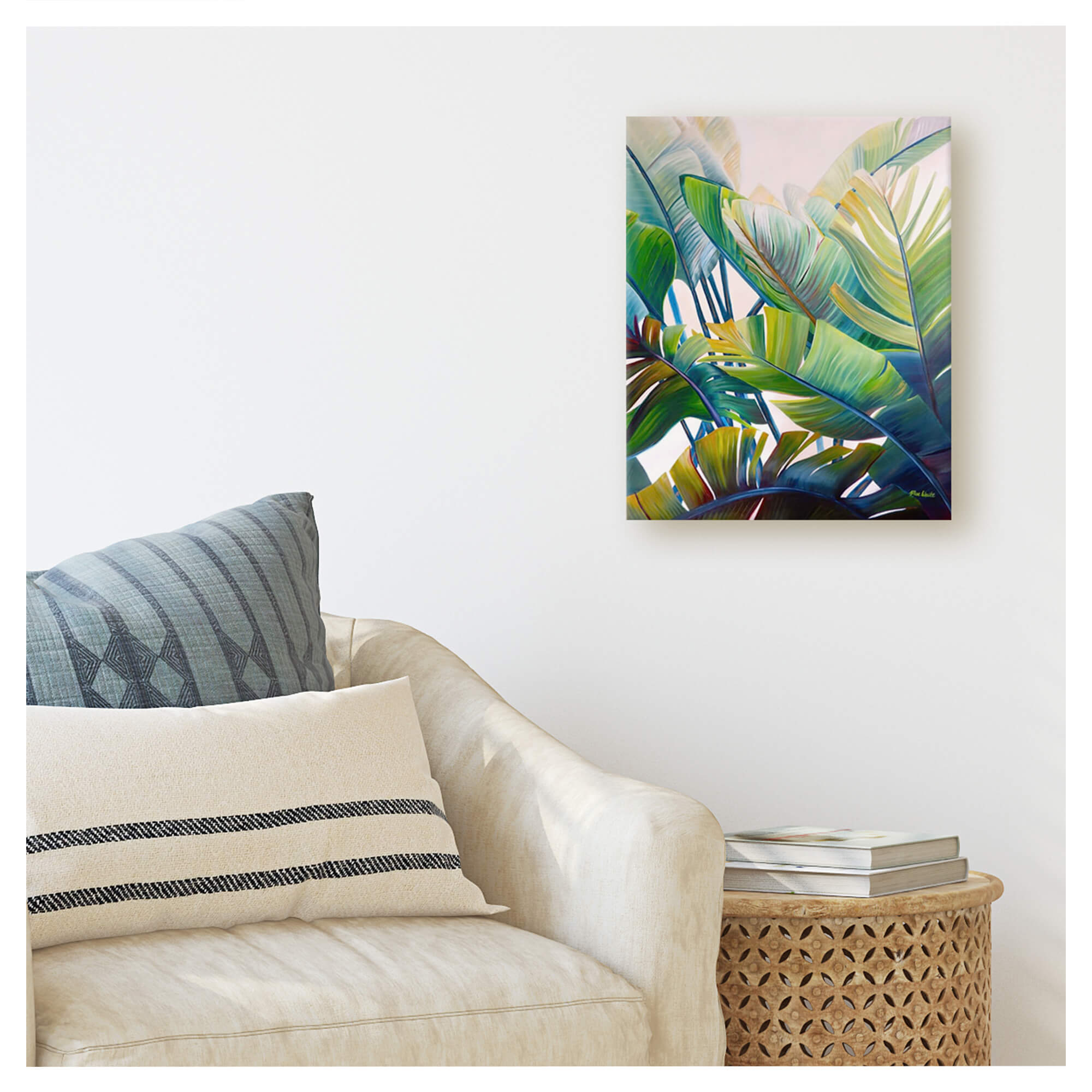 A canvas giclée art print of the lush fronds in tropical plants art by Hawaii artist Mae Waite