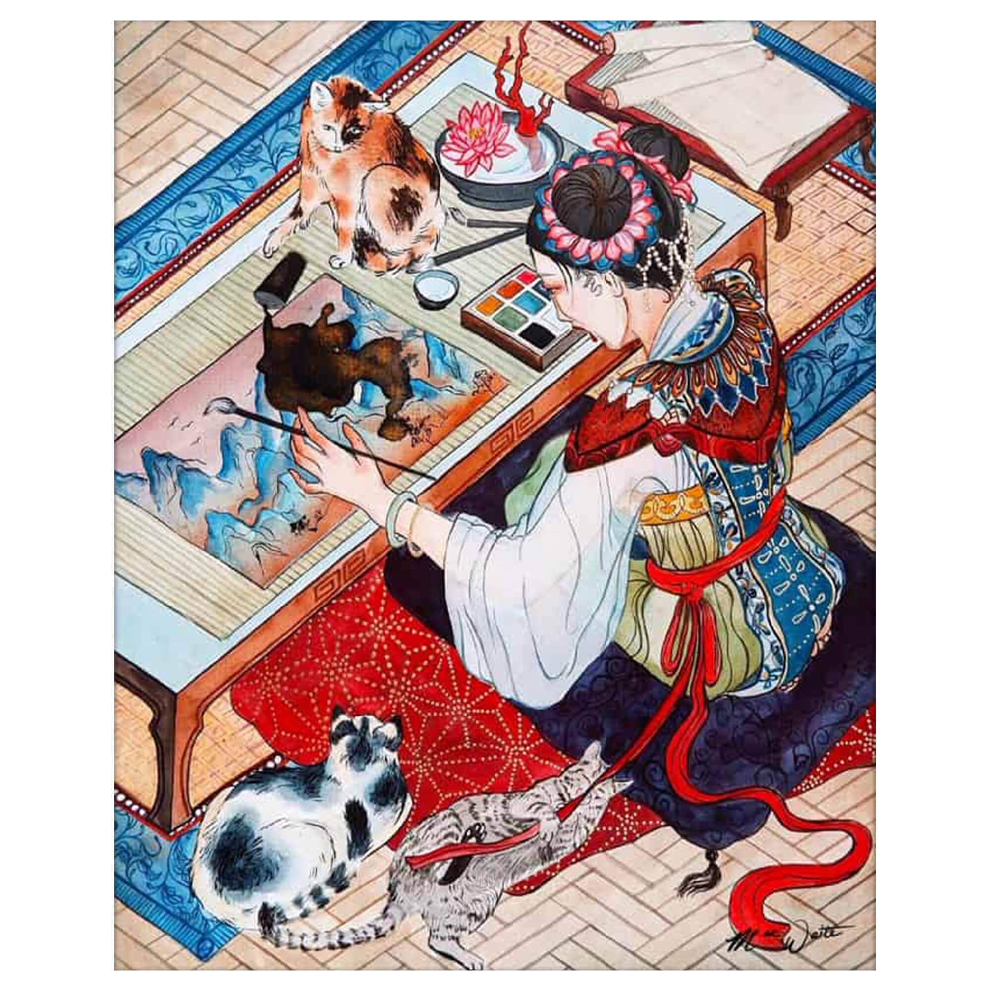 A matted art print of of a cat lady and her painting by Hawaii artist Mae Waite