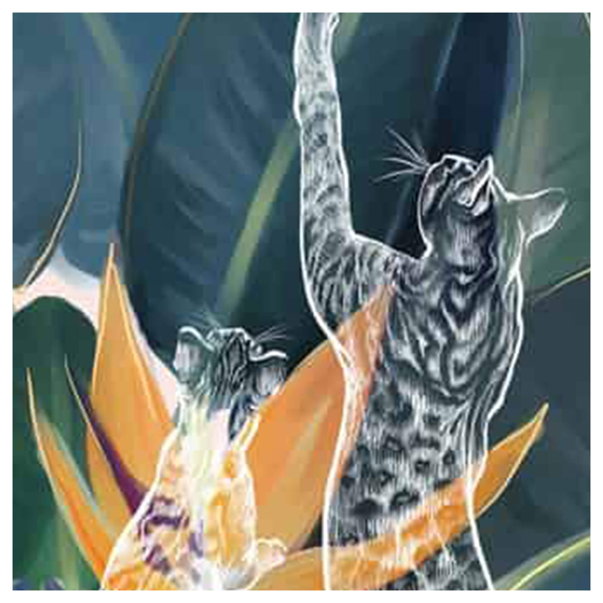 Close up details of artwork Curious Kitties by Hawaii artist Mae Waite