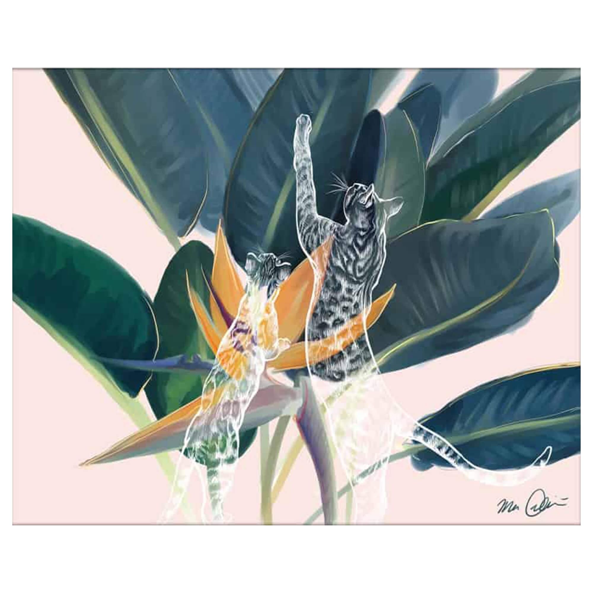 Matted art print of two plant cats climbing on tropical fronds by Hawaii artist Mae Waite