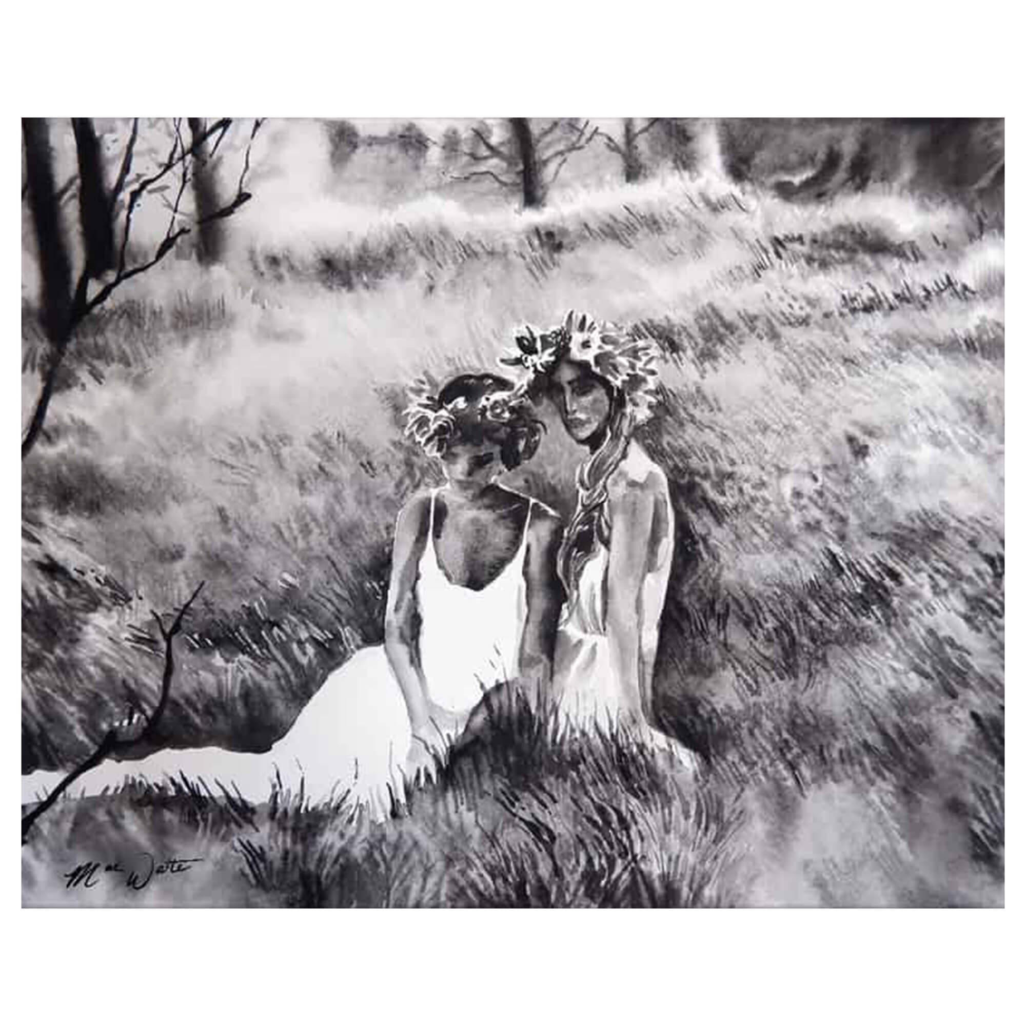 Matted art print of two women relaxing in a meadow by Hawaii artist Mae Waite