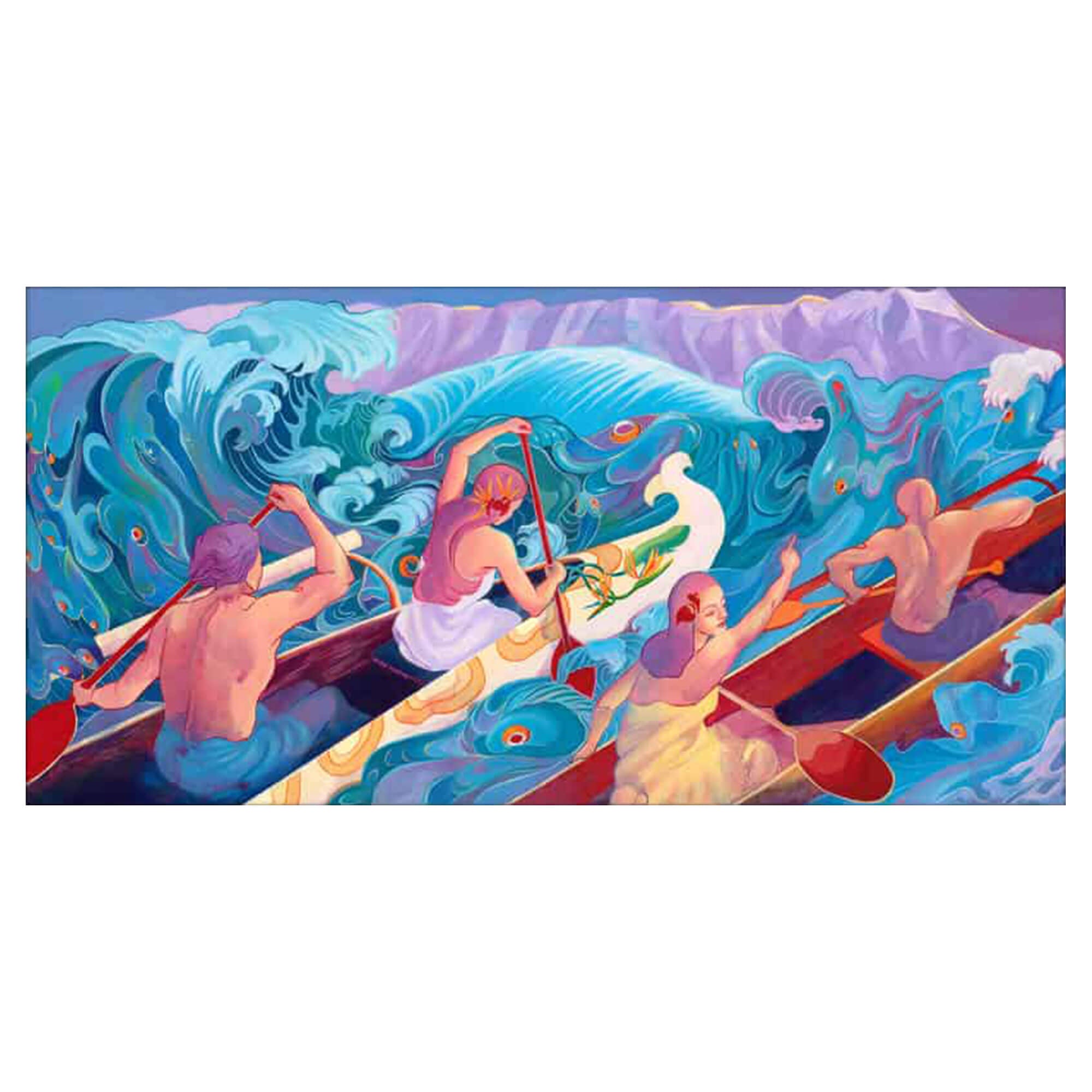 A matted art print of people on outrigger canoes battling Hawaiian big waves by Hawaii artist Mae Waite